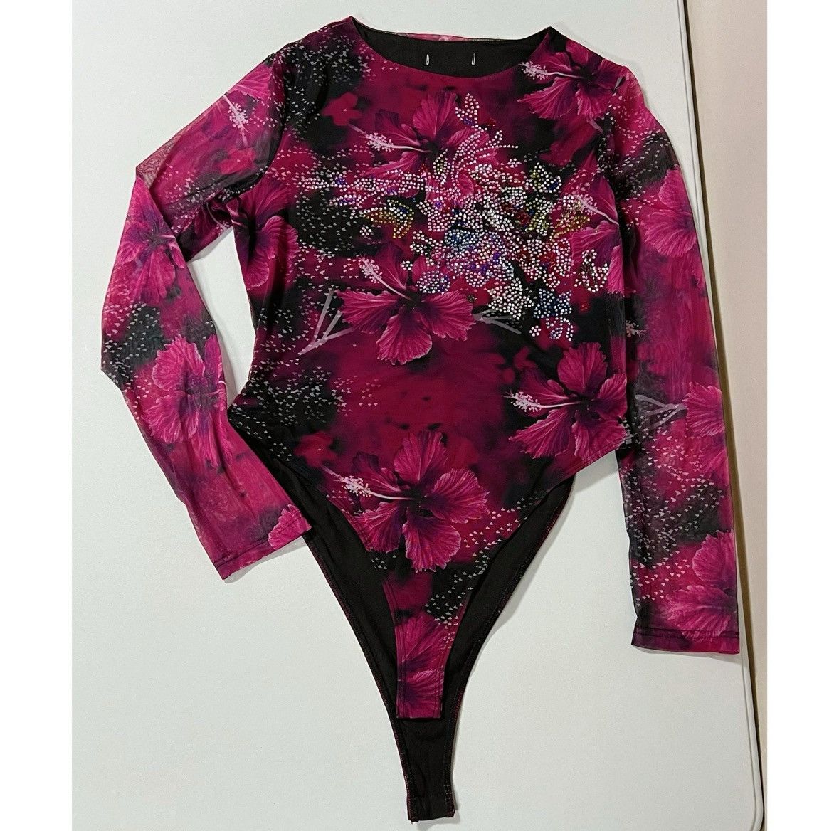 Vintage Pink Hibiscus Floral Long Sleeve Shirt Top Bodysuit Size L 🌺 Size L / US 10 / IT 46 - 2 Thumbnail