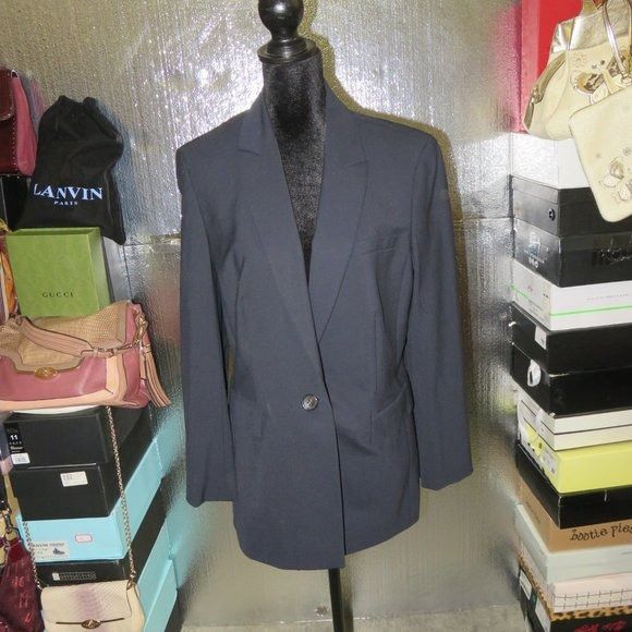 image of Escada Navy 100% Italian Wool Silk Suit Blazer Jacket Size 4 in Blue, Women's