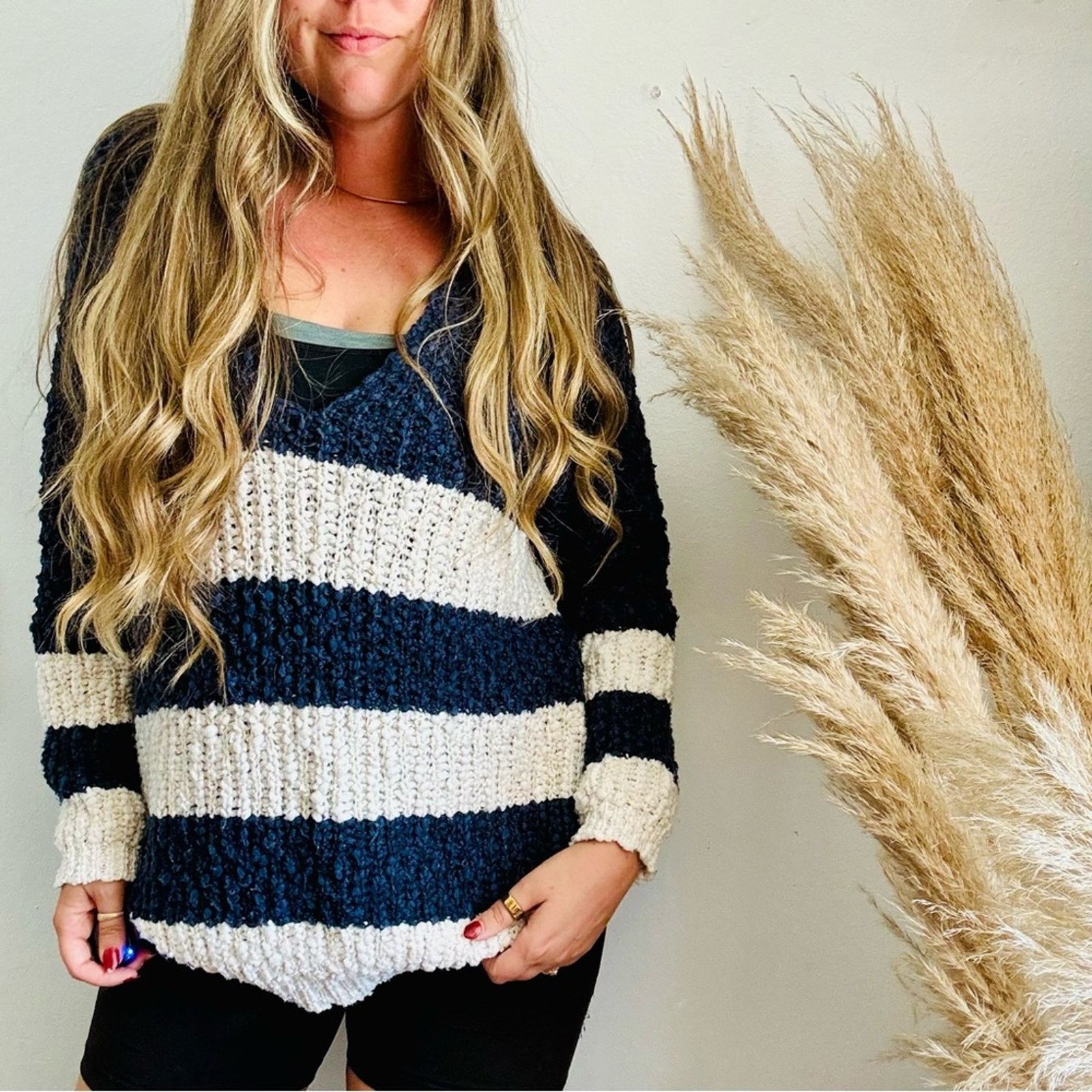 Nordstrom WISHLIST Navy Blue White Stripe Bold Chunky Pullover Sweater Size M / US 6-8 / IT 42-44 - 9 Thumbnail