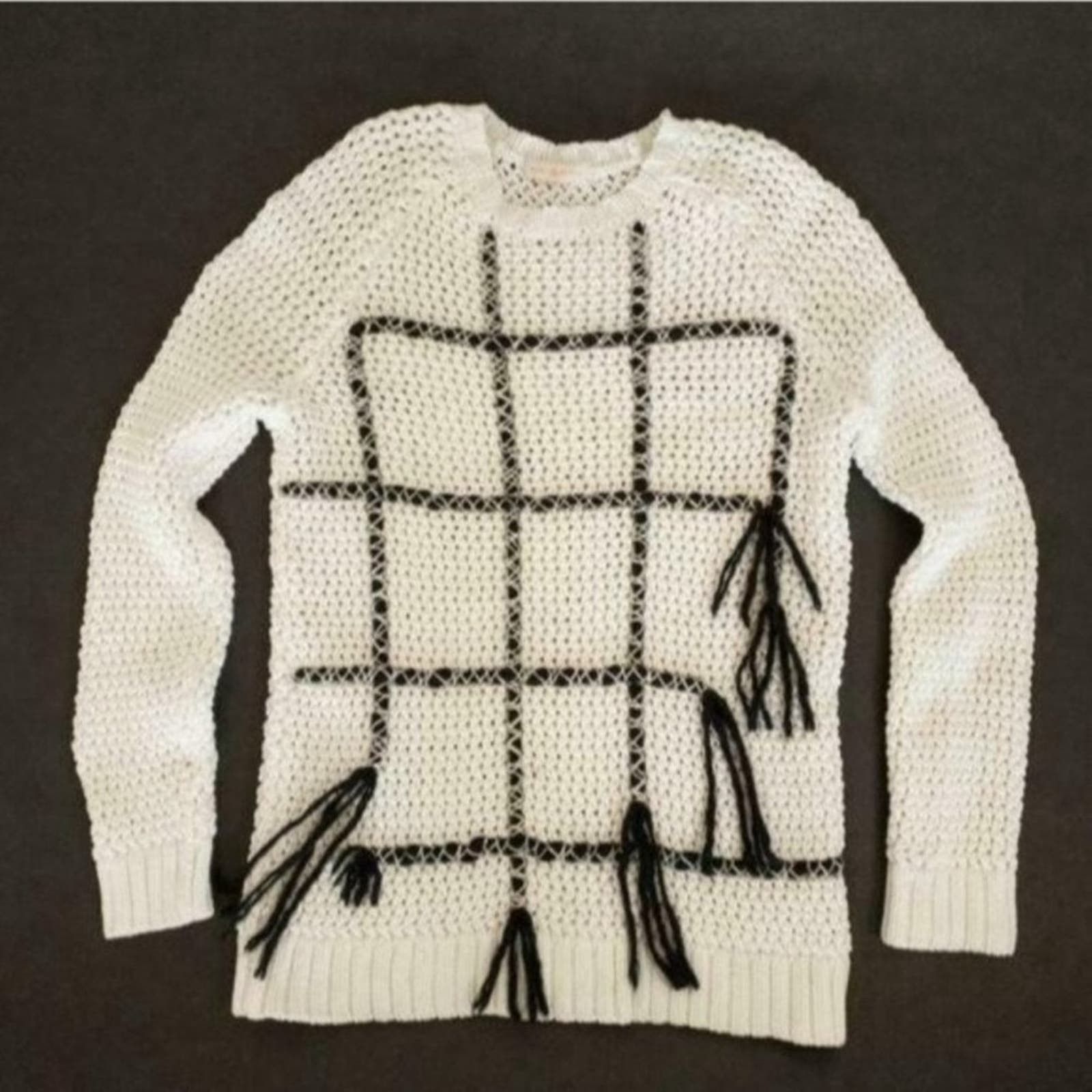 Image of Tory Burch Knitted Fringe Cotton Pullover Sweater | Size S in White, Women's