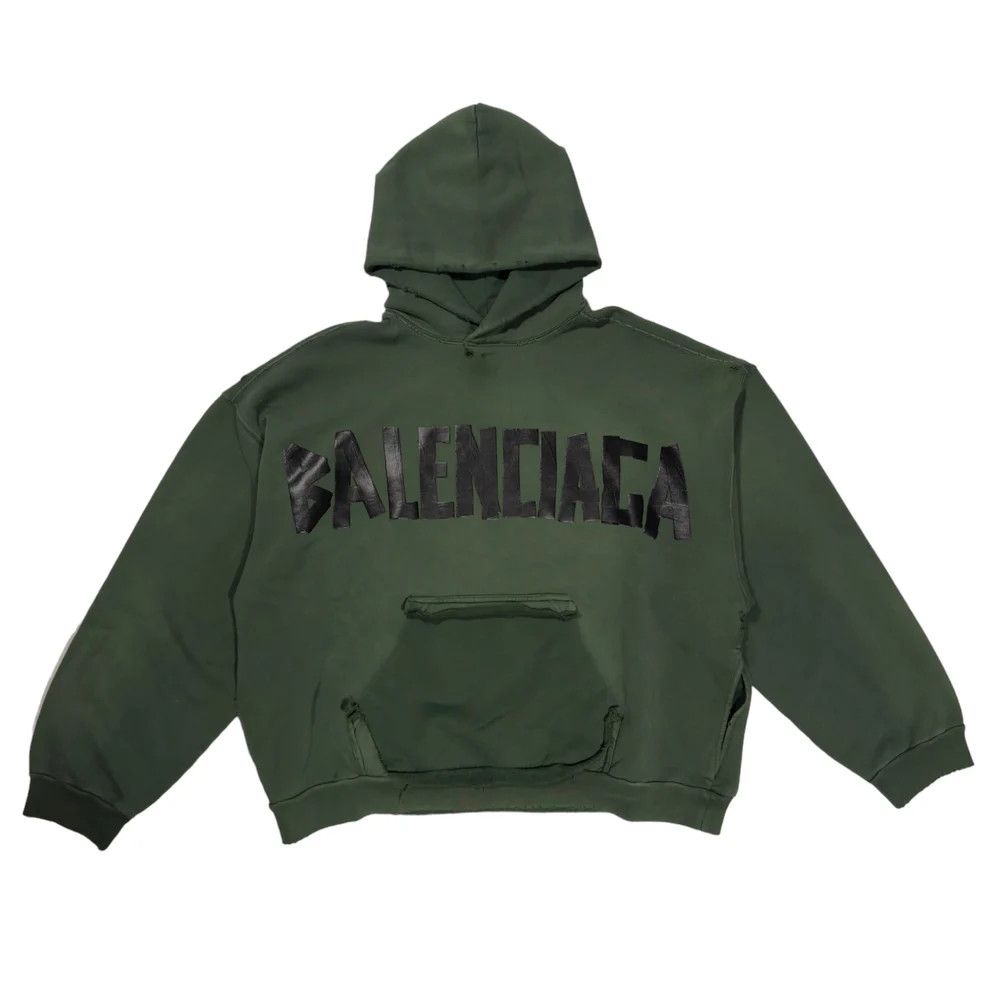 image of Balenciaga Unreleased Ripped Pocket Tape Hoodie Summer 2024 in Faded Dark Green, Men's (Size Small)