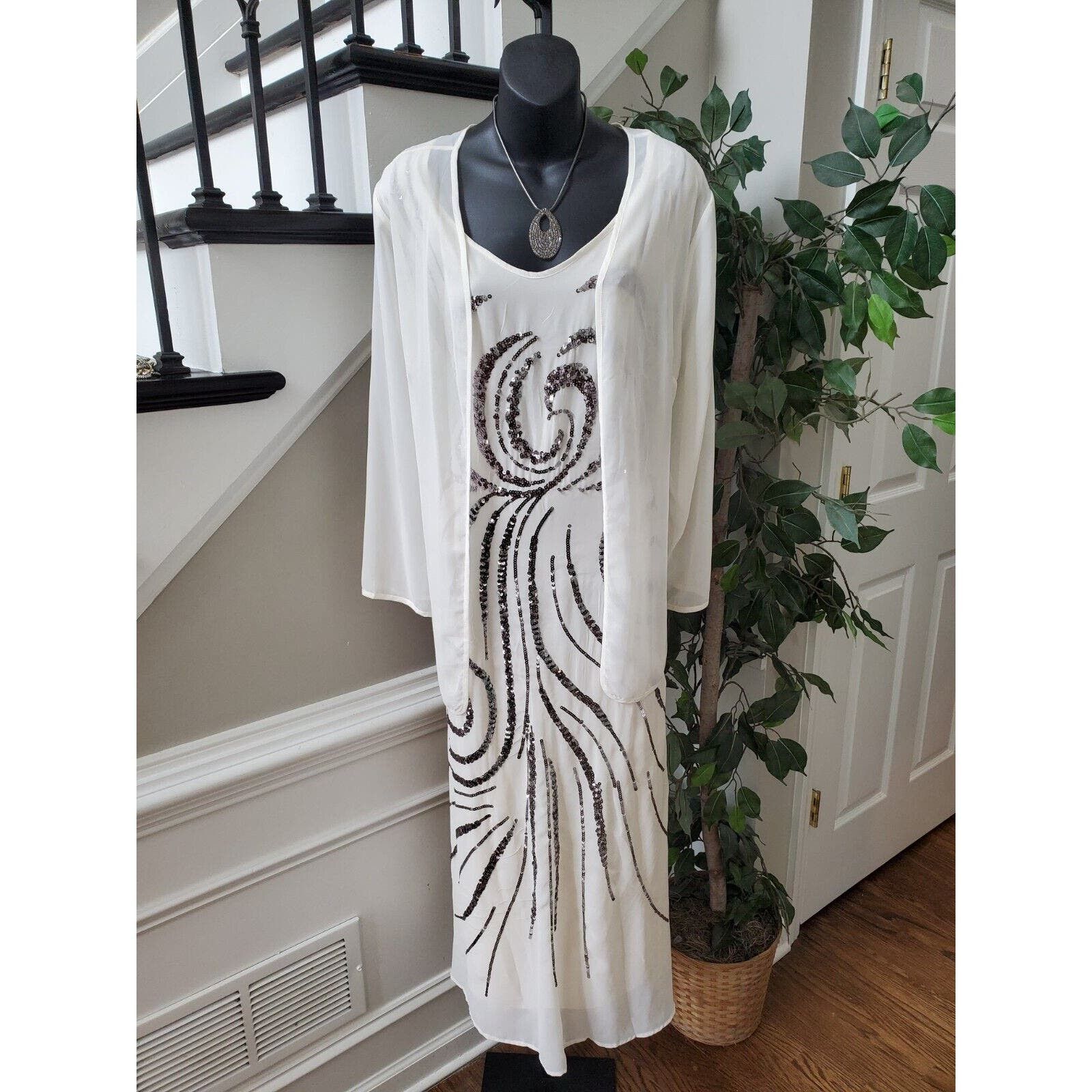 Women Sequin Polyester V-Neck Maxi & Jacket 2 Piece Suit XXL