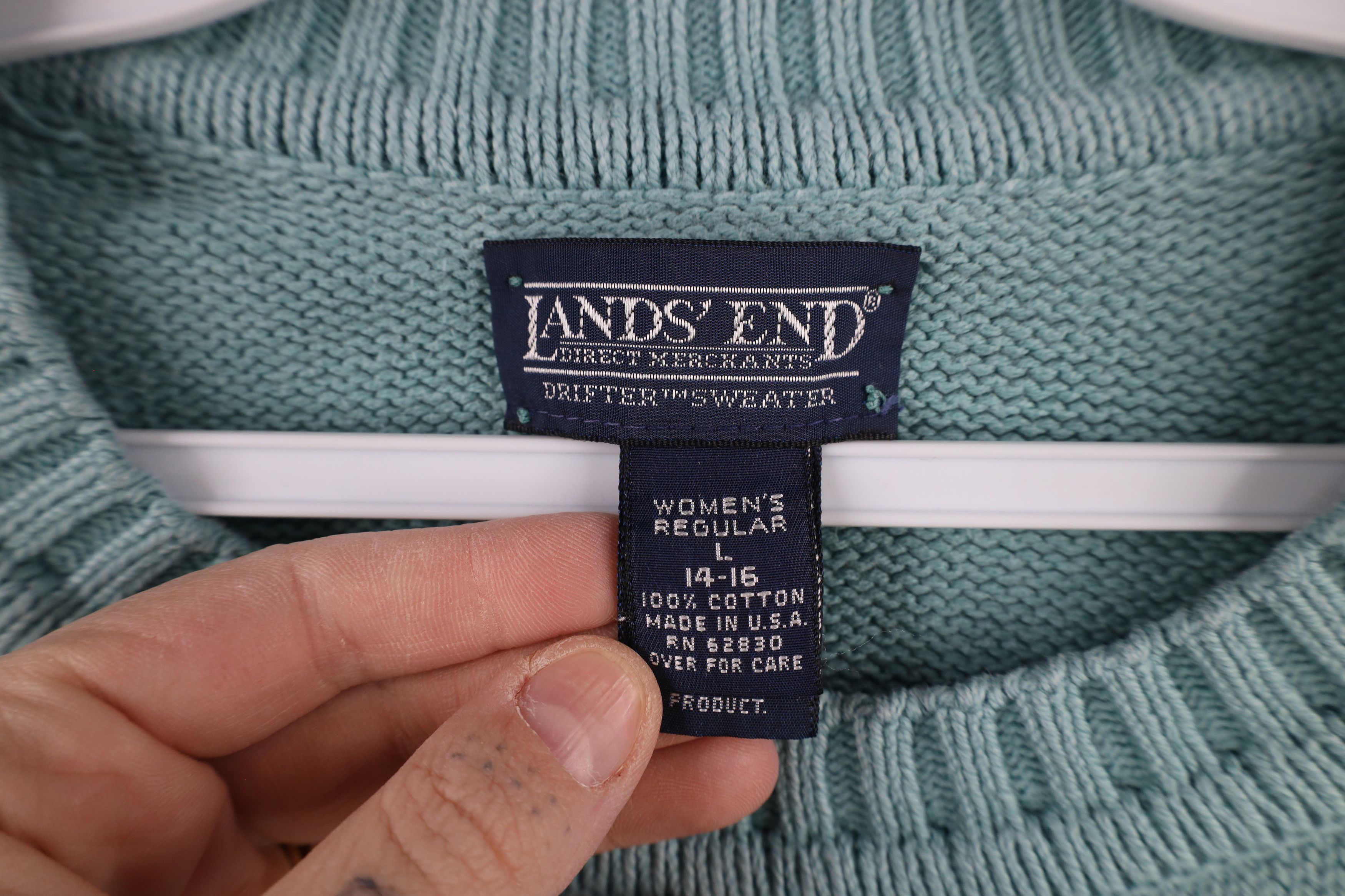 Lands' End × Vintage Vintage 90s Lands End Blank Cotton Knit Sweater Teal USA Size L / US 10 / IT 46 - 4 Thumbnail