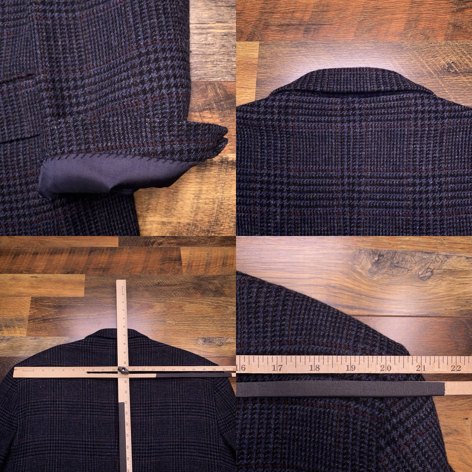 Farah VINTAGE Farah Blazer Jacket Blue Wool Tweed Herringbone Plaid Sport Coat 44R Men Regular Notch Lapel Single-Breasted Two-Button Front Size 44R - 8 Thumbnail