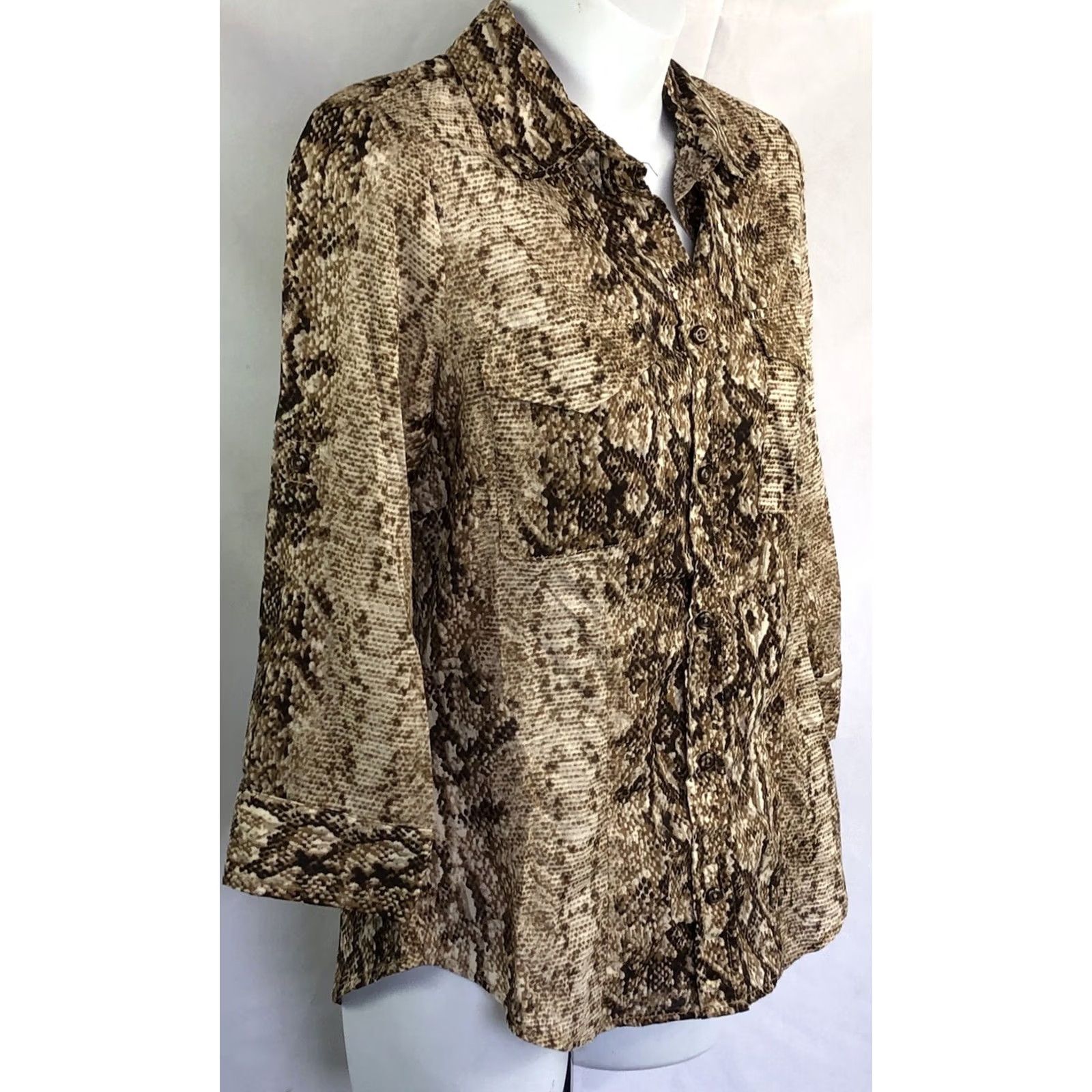 Vintage Zac & Rachel Top PS Brown Snake Button Up 3/4 Sleeve Pocket Boho Career Abstract Size S / US 4 / IT 40 - 2 Thumbnail