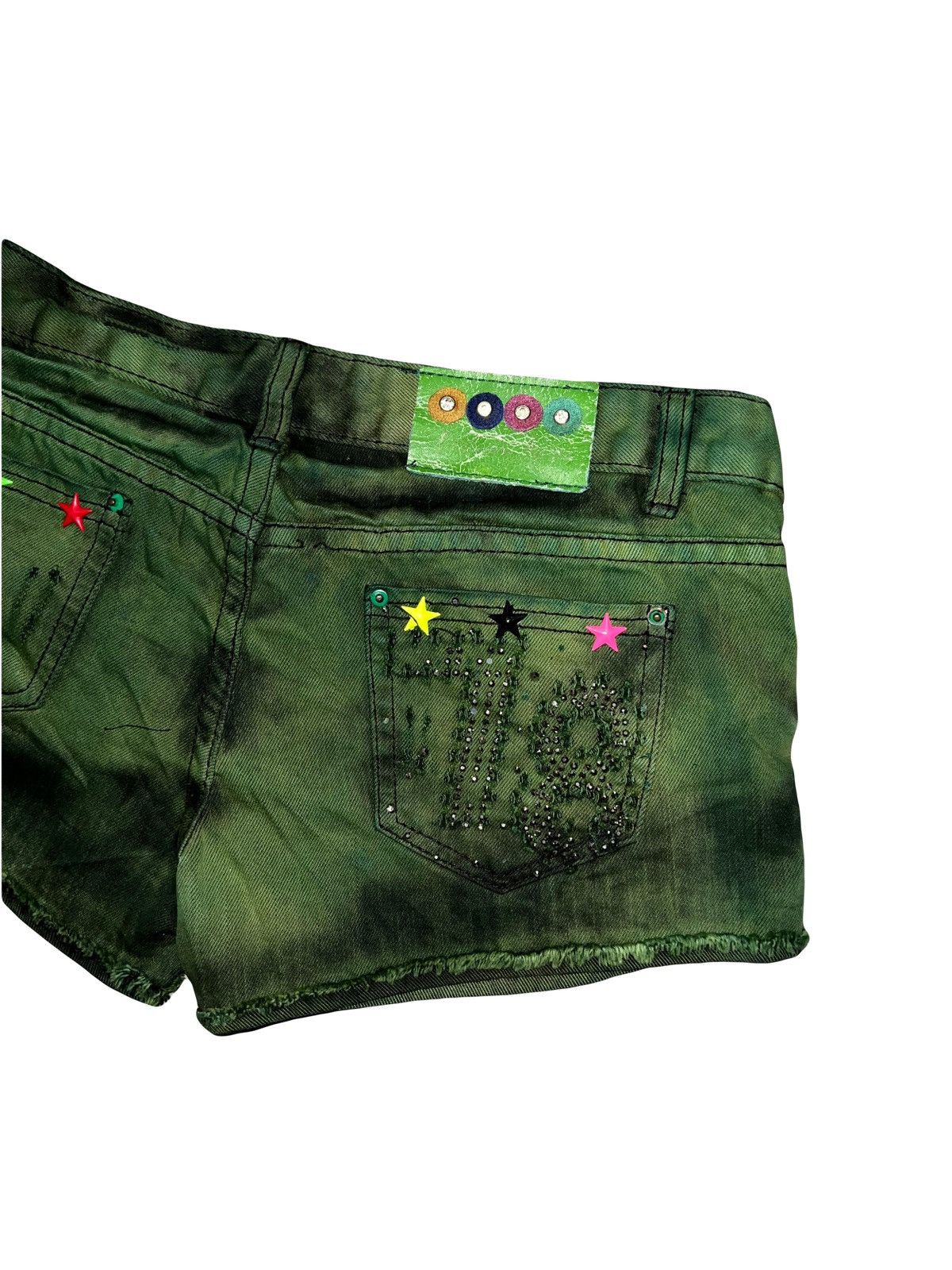 Japanese Brand Y2k Green multi star low rise short 💫 🌟 🔋 Size 27" / US 4 / IT 40 - 5 Thumbnail