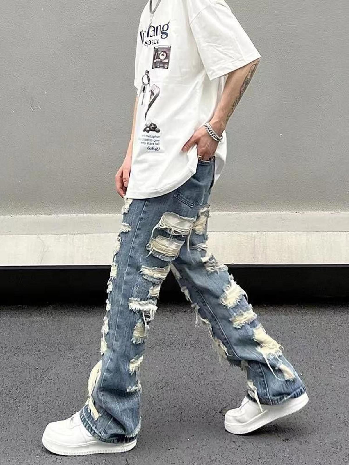 Jean × Vintage Distressed Mesh Embroidery Wide Leg Denim Jeans Size US 30 / EU 46 - 3 Thumbnail