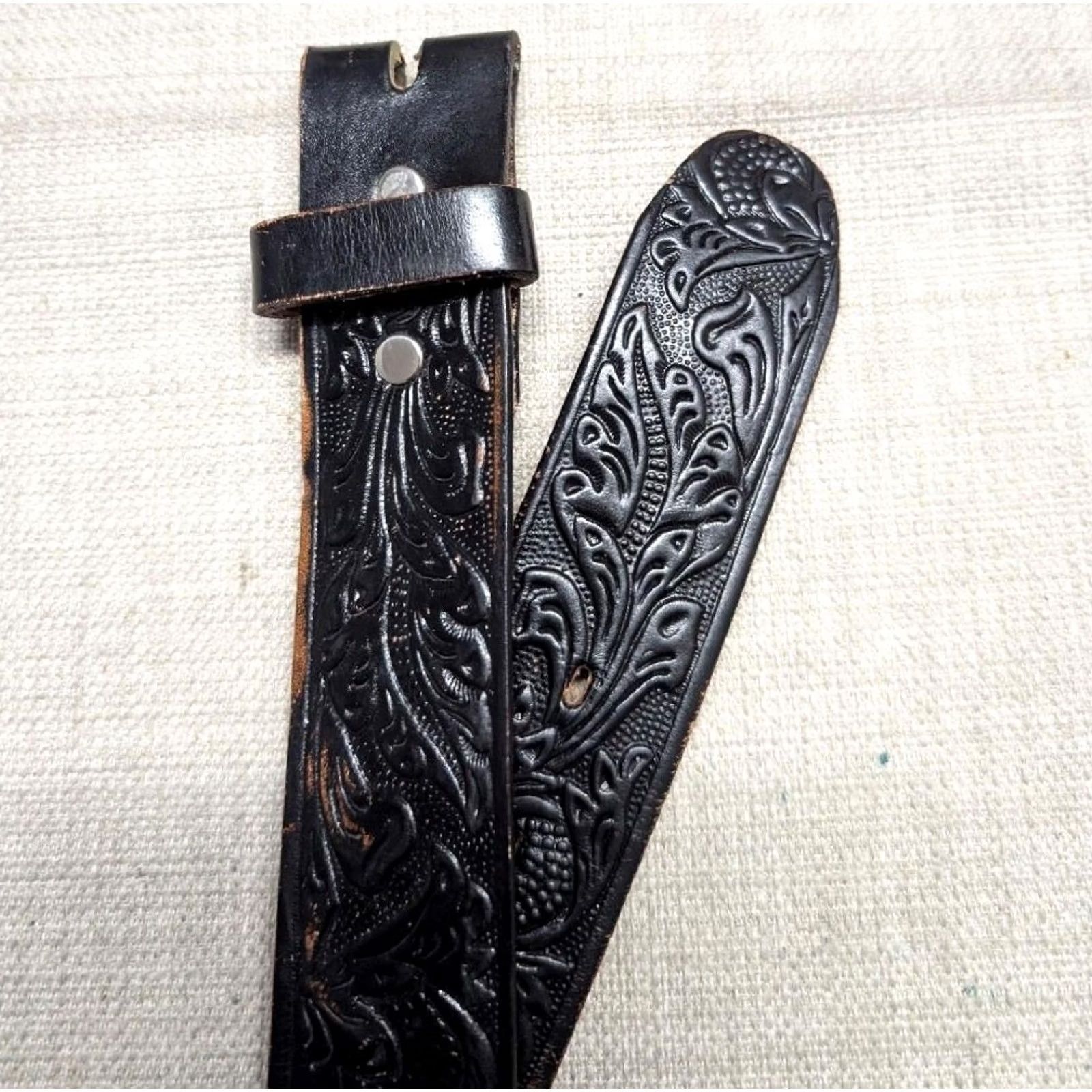Vintage VINTAGE handcrafted USA made TOOLED belt western belt 36 leather steerhide floral buckle western Mens Black 36 Size 36 - 3 Thumbnail