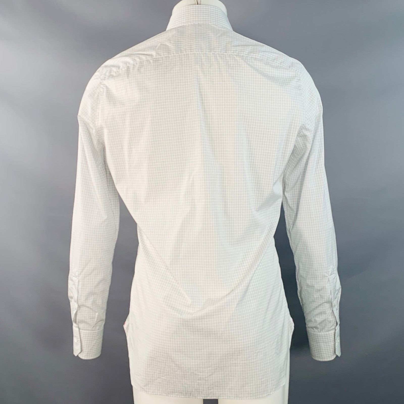 Isaia White Grey Checkered Cotton Spread Collar Long Sleeve Shirt Size US S / EU 44-46 / 1 - 4 Thumbnail