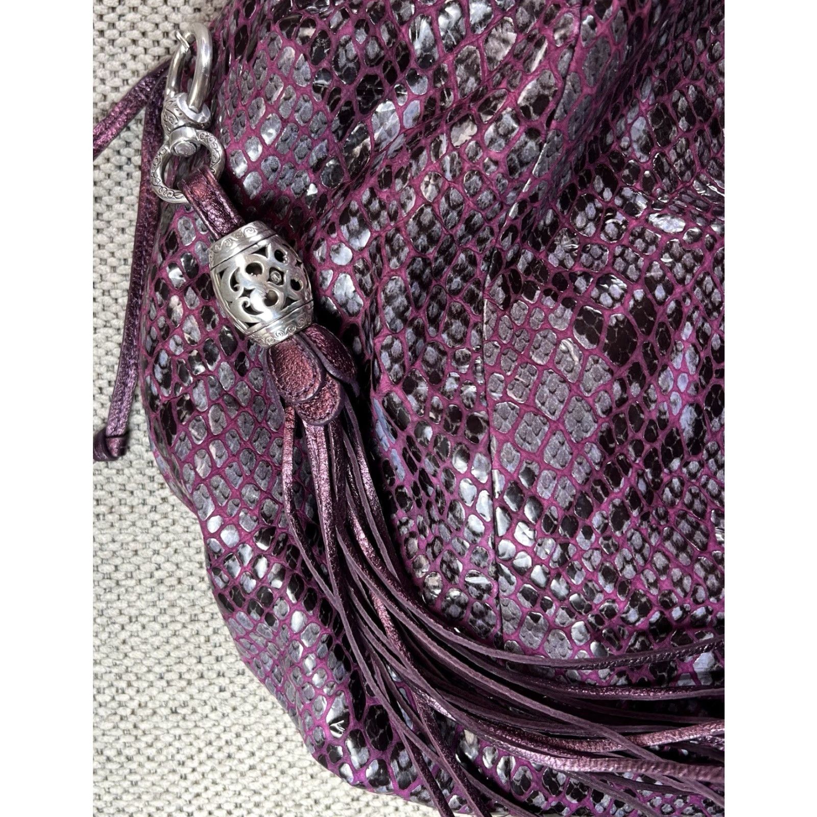 Brighton VINTAGE Brighton Nolita Hobo Bag Leather Purple Large 18” 14.5” 4.5” Tassel Snake Braided Strap Women Mens? Size ONE SIZE - 7 Thumbnail