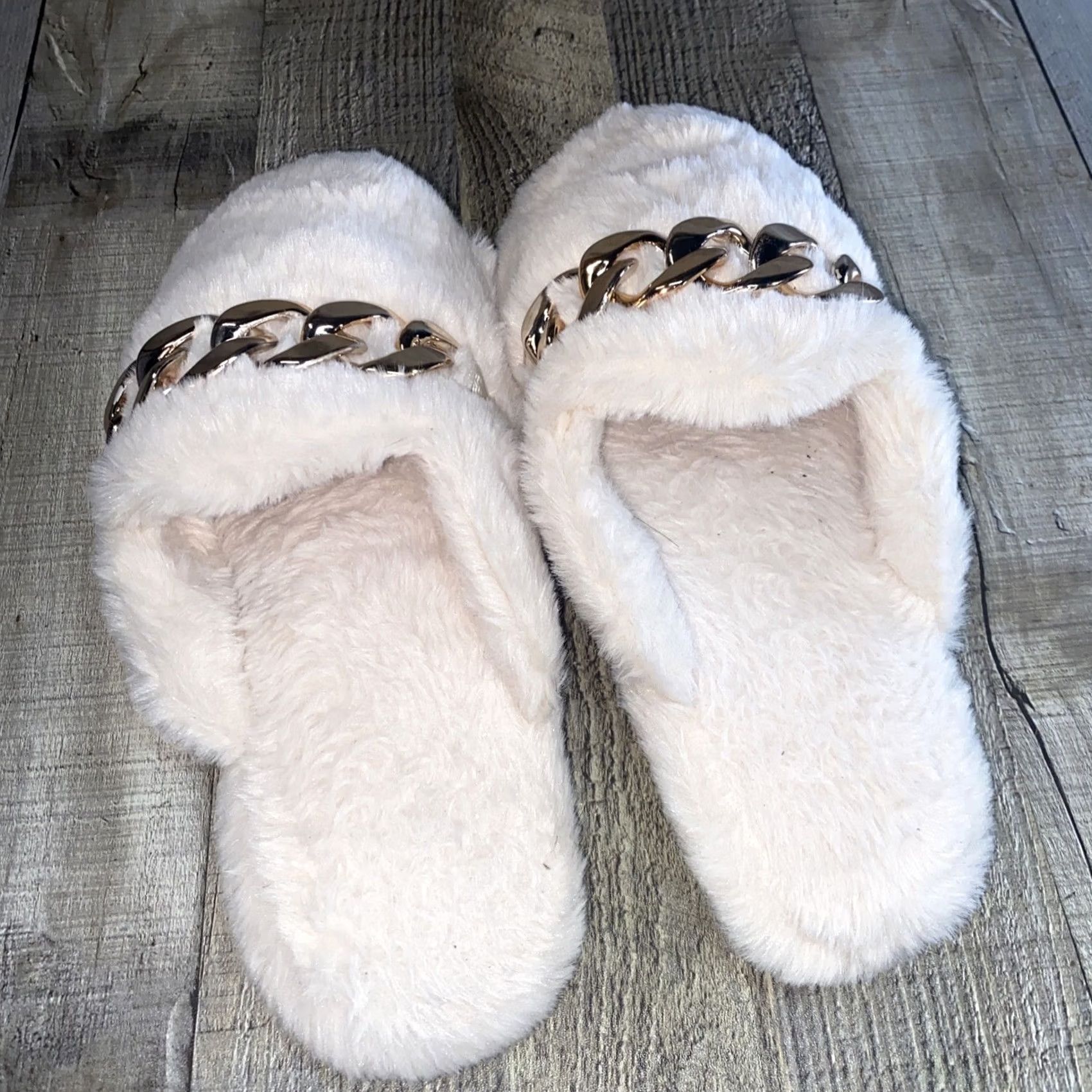 Vintage PLUS Faux Fur Curb Chain Slippers Women Slide Slipper Ivory 8 Large Size ONE SIZE - 2 Thumbnail