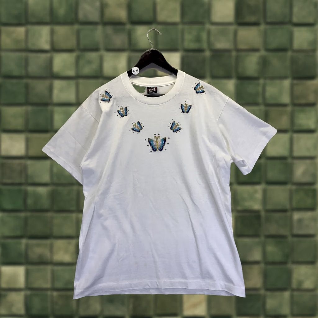 Fruit Of The Loom VINTAGE Fruit of the Loom T-Shirt Womens L White Butterflies Rhinestones 1990s Size L / US 10 / IT 46 - 1 Thumbnail