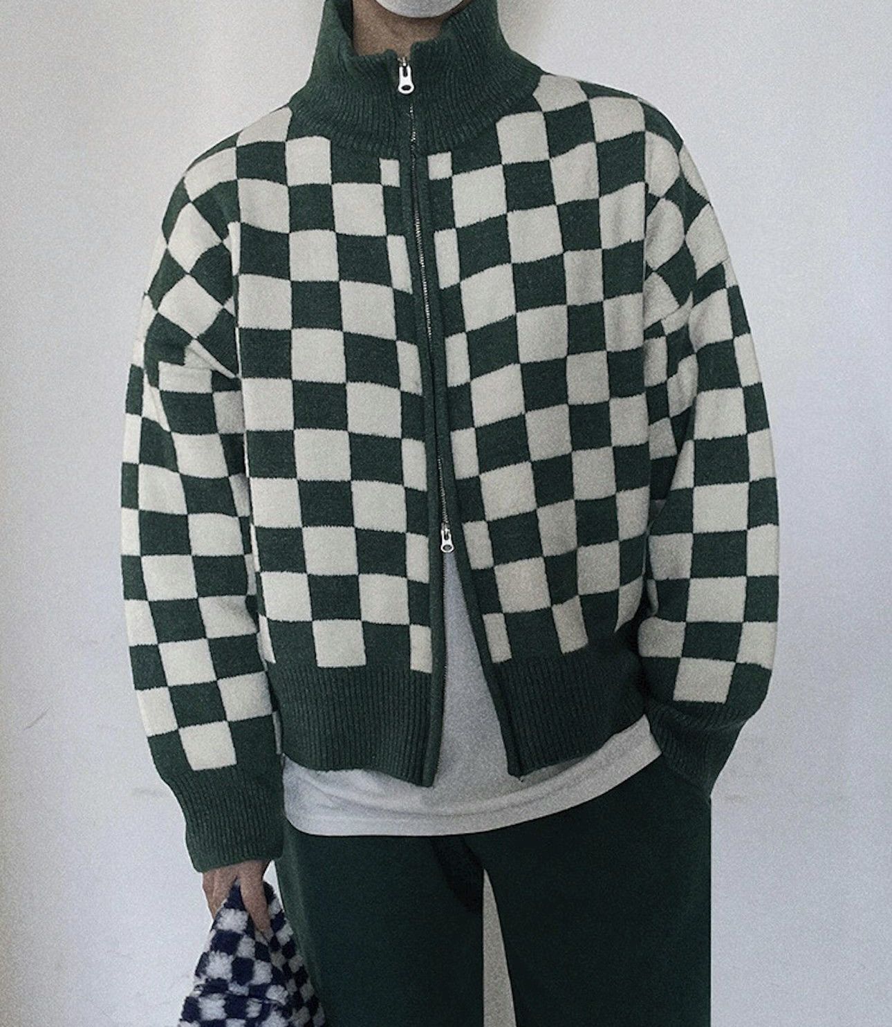 Japanese Brand × Vintage Korean fashion green checkered plaid knit jacket cardigan Size US XL / EU 56 / 4 - 1 Thumbnail