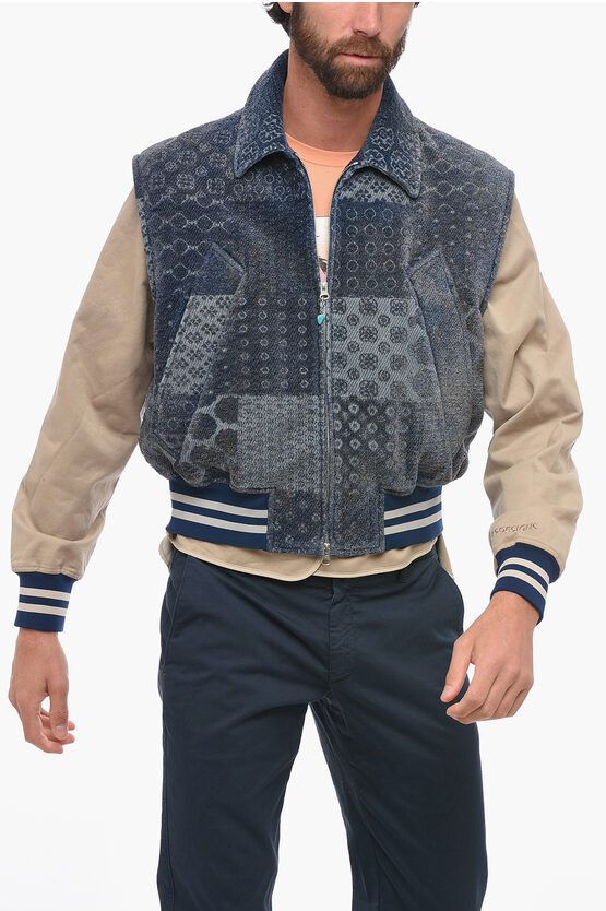 image of 4Sdesigns Denim Bomber Jacket With Patchwork-Effect Vest in Blue, Men's (Size Medium)
