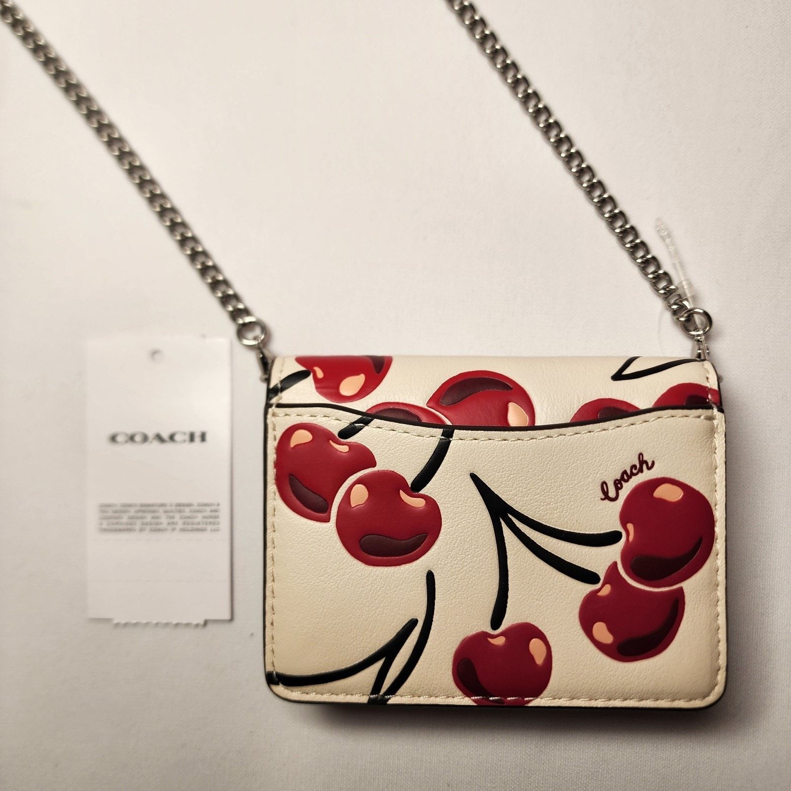 Coach Coach CZ759 Mini Wallet On Chain Chalk Leather Cherry Print Size ONE SIZE - 3 Thumbnail