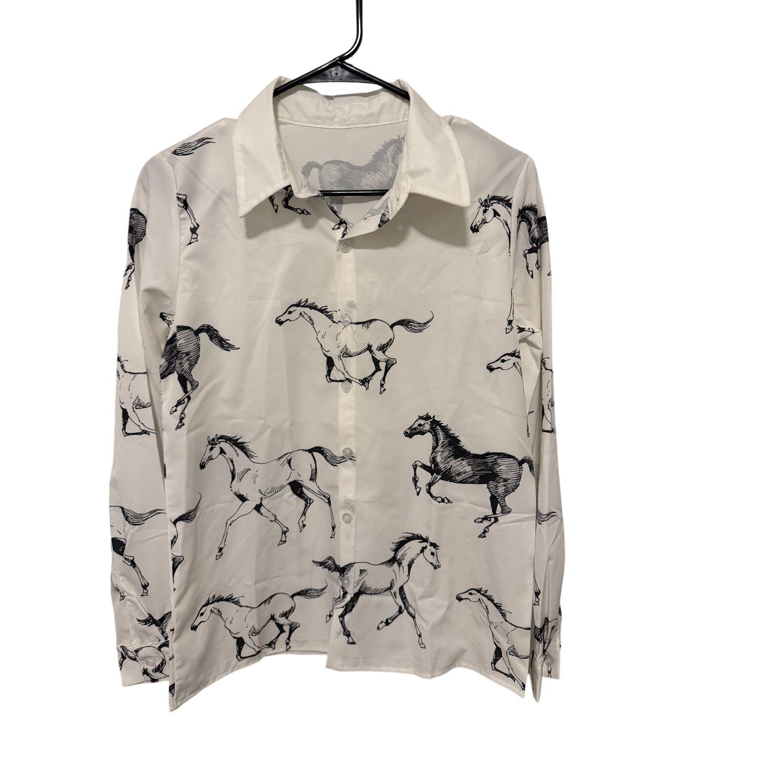 Other White Black Button Down VNeck Horse Print Long Sleeve Blouse Size S / US 4 / IT 40 - 9 Thumbnail