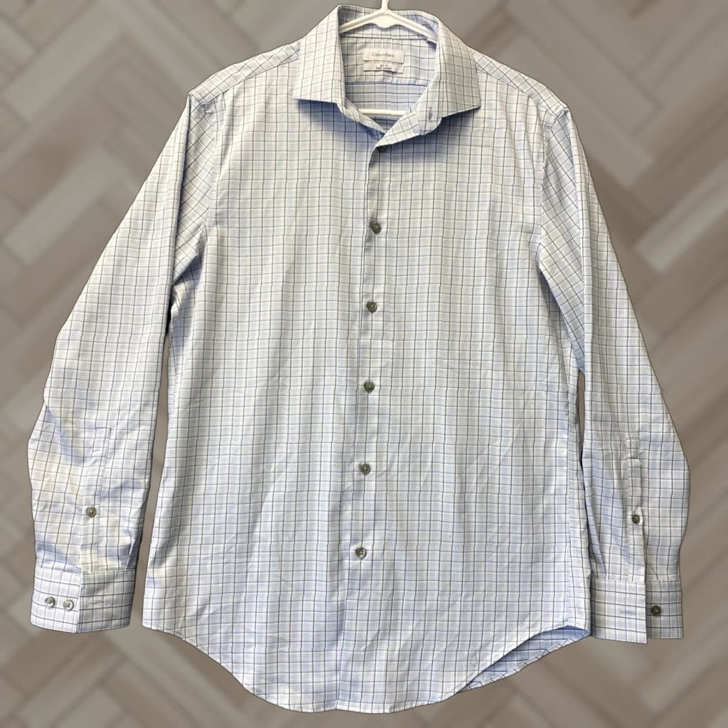 Calvin Klein Calvin Klein Shirt Men 15 1/2 32/33 Blue Check Slim Fit Button-Up Long Sleeve Collared Easy Care Formal Size US M / EU 48-50 / 2 - 1 Thumbnail