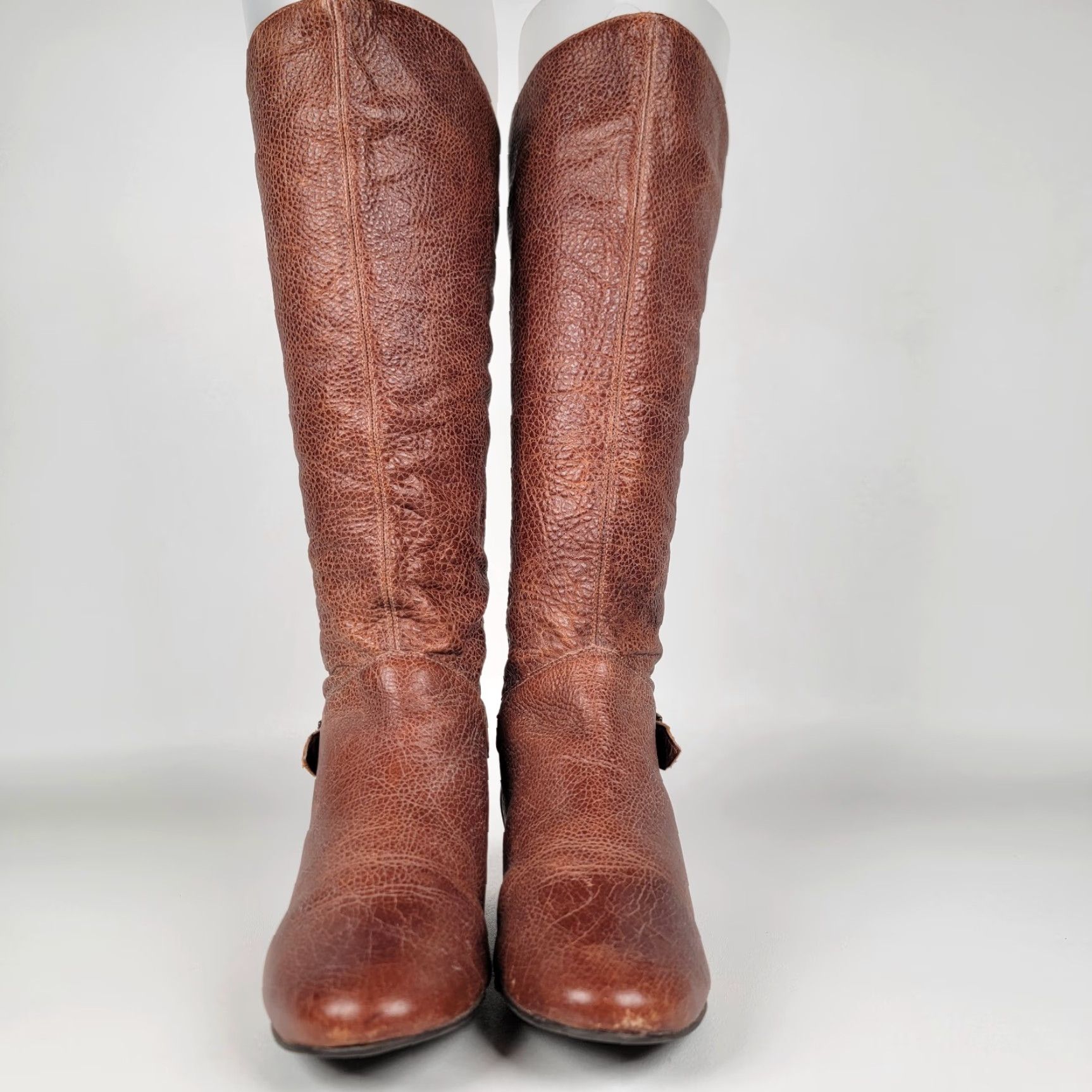 Vintage VINTAGE Cathy Jean Boots Women’s 8 Brown Tan Leather Riding Low Heel Calf Mid-Low Shaft Slip On Buckle 90s Y2K Brown Leather Boots Womens Size 30" / US 8 / IT 44 - 2 Thumbnail