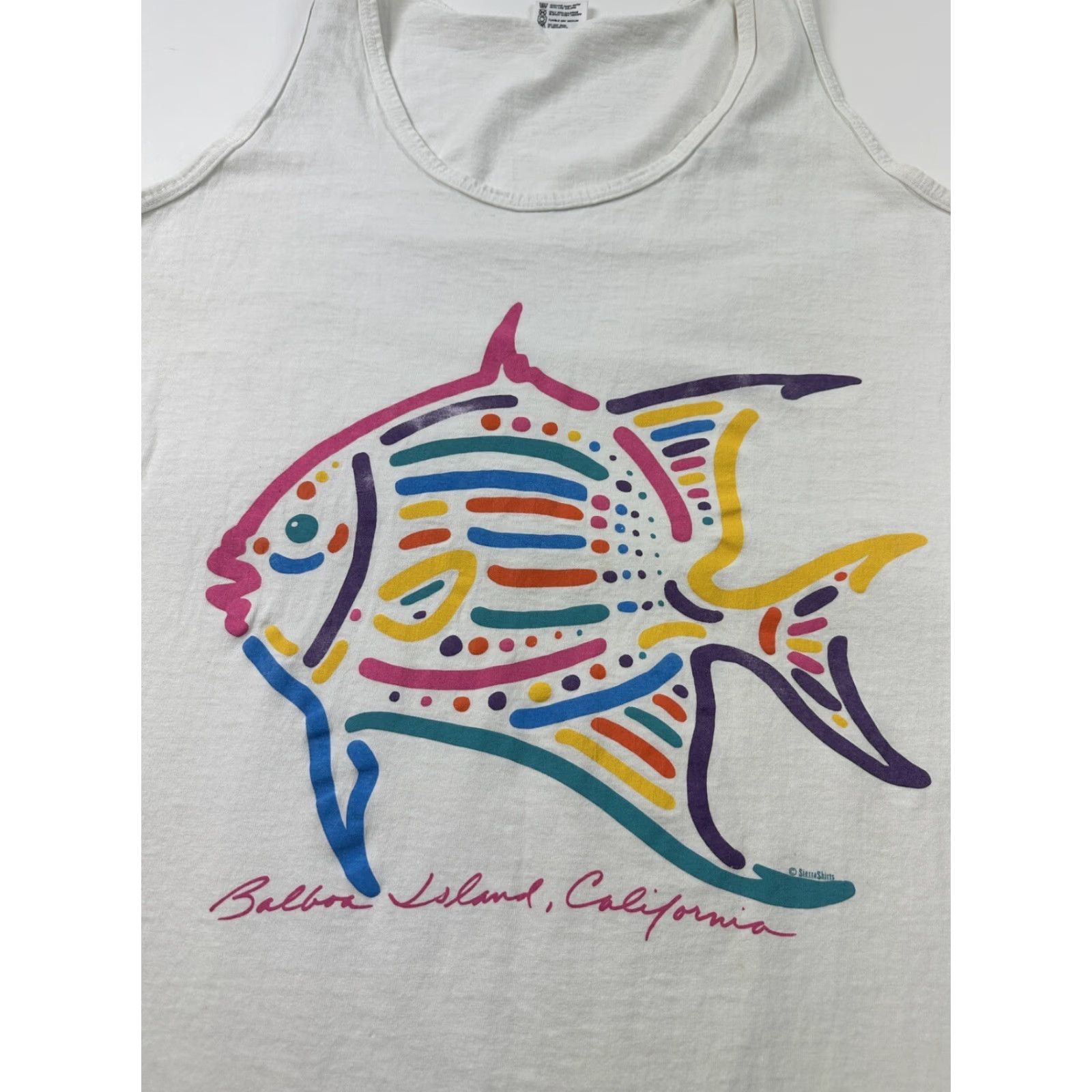 Anvil Balboa Island California Shirt Unisex Adults One Size White Tank Top Sleeveless Made In USA Fish Pattern Cotton T-Shirt Size US M / EU 48-50 / 2 - 3 Thumbnail