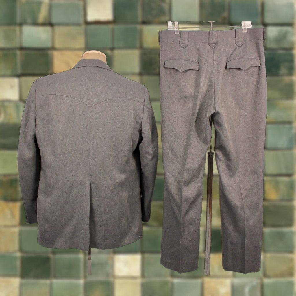 Vintage VINTAGE Circle S Mens Western Leisure Suit 2 PC Grey 1970s 70s 2 PC Sz M Polyester Mens Western Suit Size 40R - 1 Thumbnail
