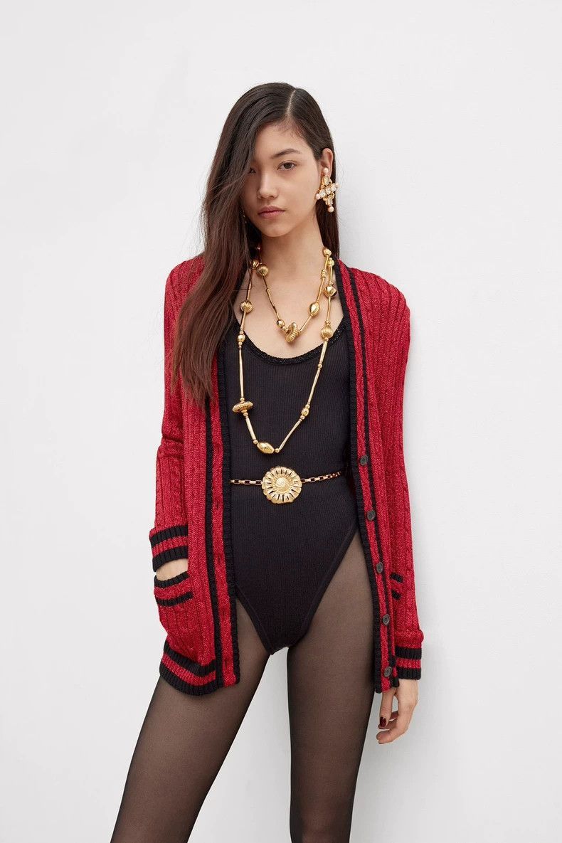 Saint Laurent Paris Saint Laurent Red Knit Cardigan with Contrast Trim-2505 Size US L / EU 52-54 / 3 - 6 Thumbnail