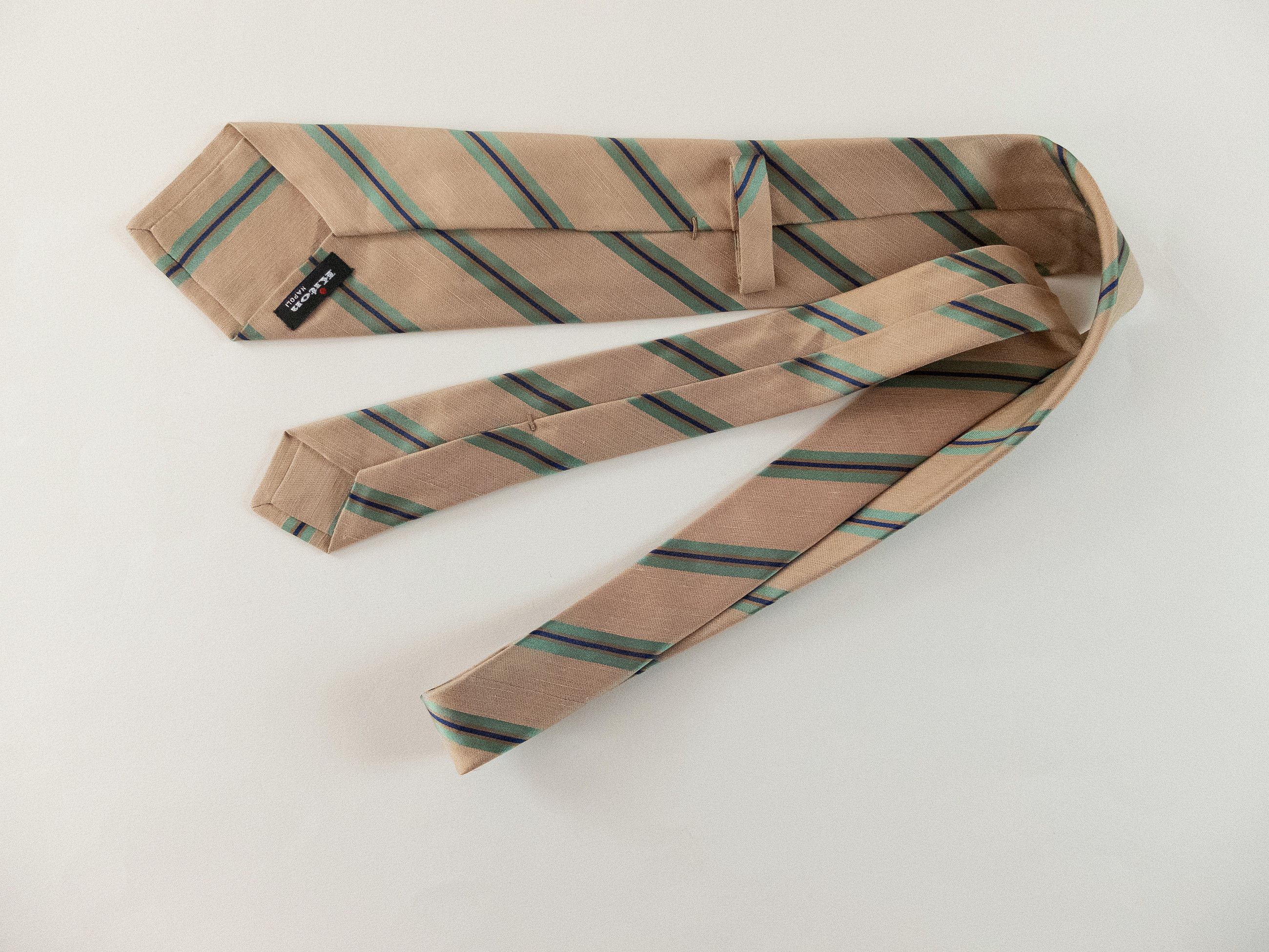 Kiton KITON Napoli hand made 7 fold beige striped silk linen tie Size ONE SIZE - 2 Thumbnail