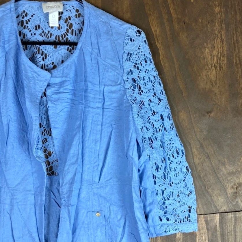 Vintage Chicos Womens Jacket Blue Lace Duster Open Front 3/4 Sleeve Linen Blend S Size S / US 4 / IT 40 - 5 Thumbnail