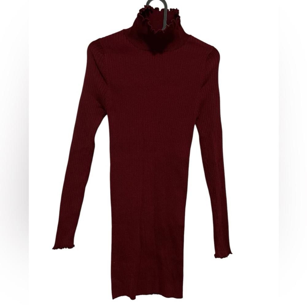 Designer Stylish Ribbed Turtleneck Dress - Wine Red Size L / US 10 / IT 46 - 2 Thumbnail