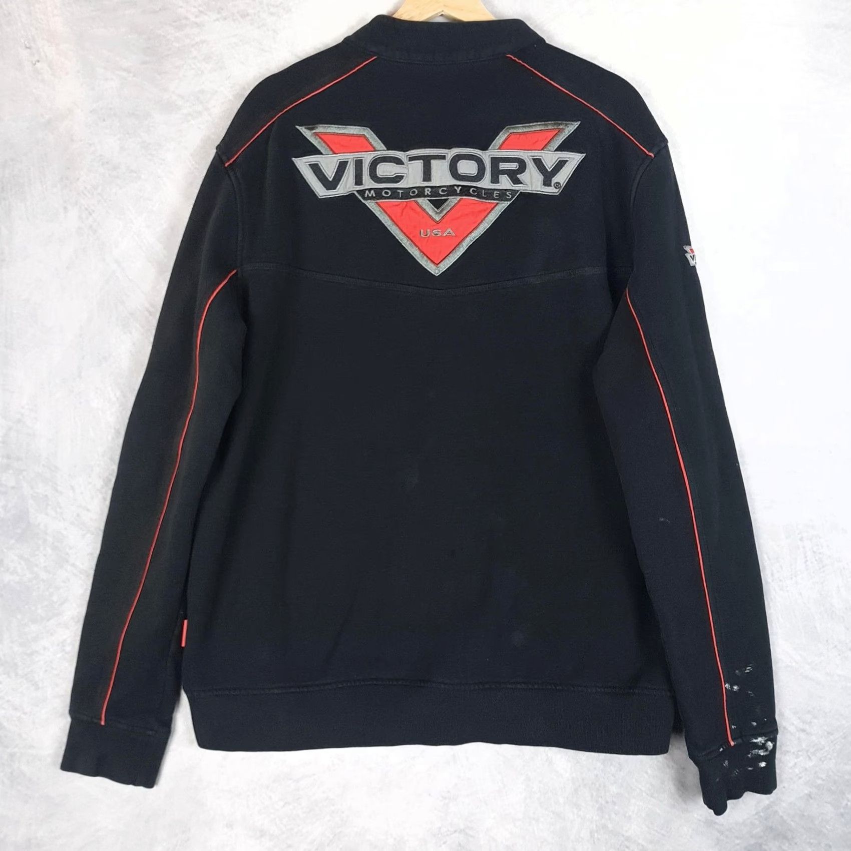 Vintage Victory Motorcycles Jacket Mens XL Black Distressed Embroidered Zip Full Zip Pockets Stand-Up Collar Autumn Casual Riding US Logo Size US XL / EU 56 / 4 - 2 Thumbnail