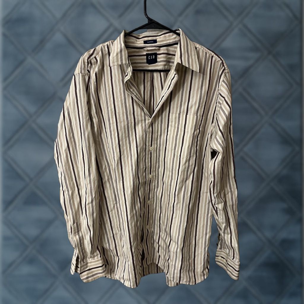 Gap Gap Classic Cotton Fit men’s button down long sleeve shirt Large Beige Striped Size US L / EU 52-54 / 3 - 1 Thumbnail