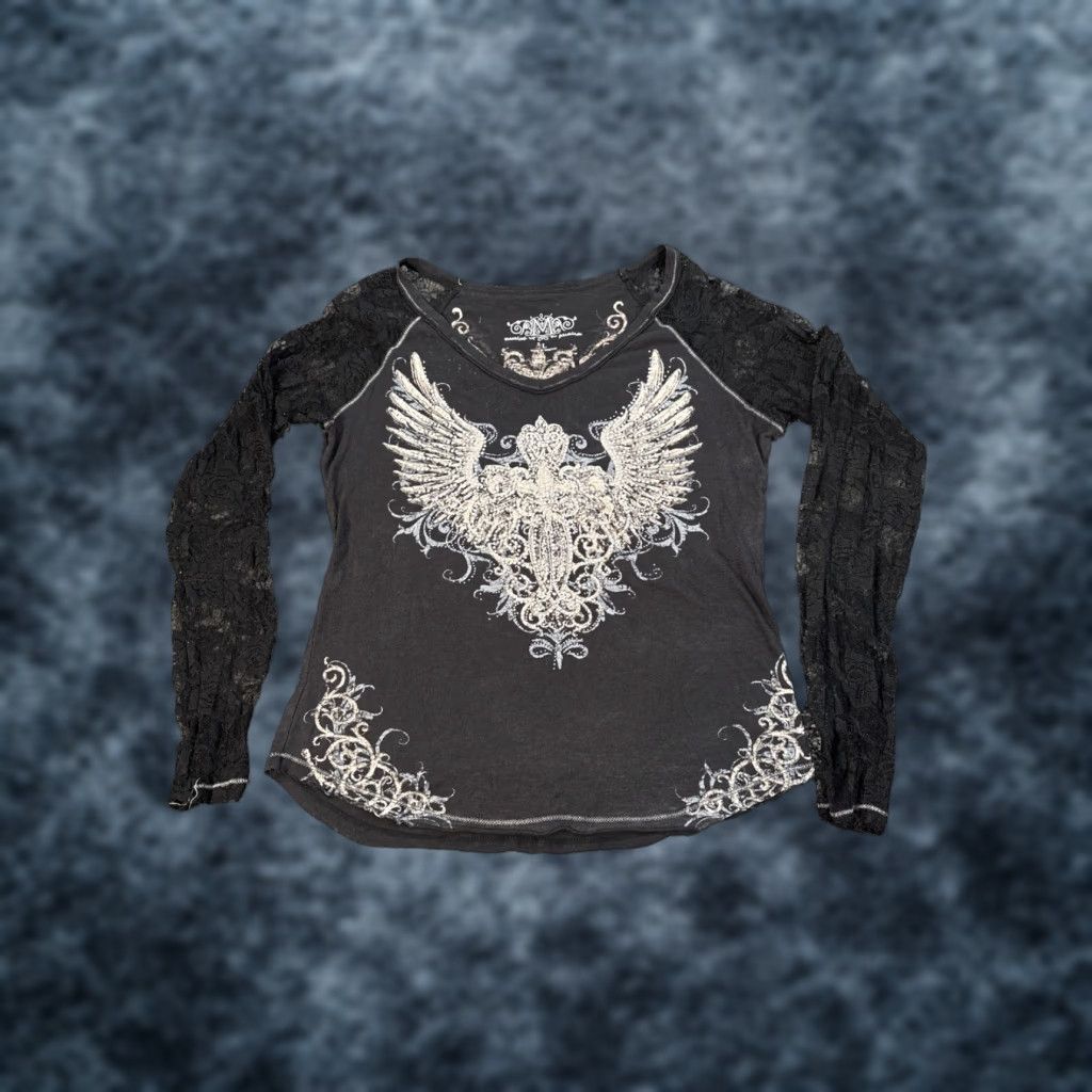 Vintage VINTAGE Maurices Shirt Womens Large L Black Lace Rhinestone Wings Y2K Round Neck Longsleeve Shirt Womens Large Rhinestone Lace Sleeve Wings Y2K Size L / US 10 / IT 46 - 1 Thumbnail
