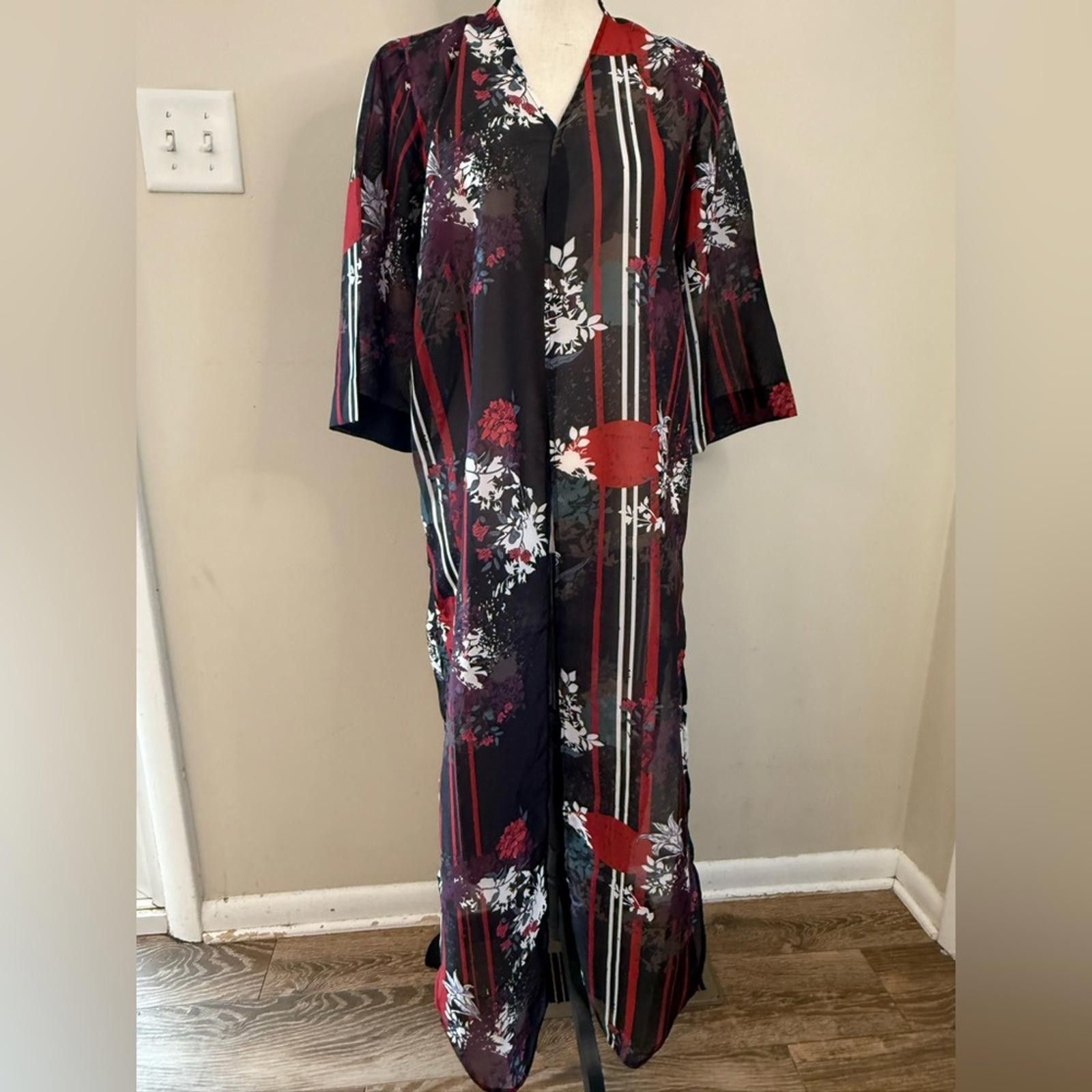 Other Colleen Lopez floral striped kimono cover up black red SZ XS Size ONE SIZE - 1 Thumbnail
