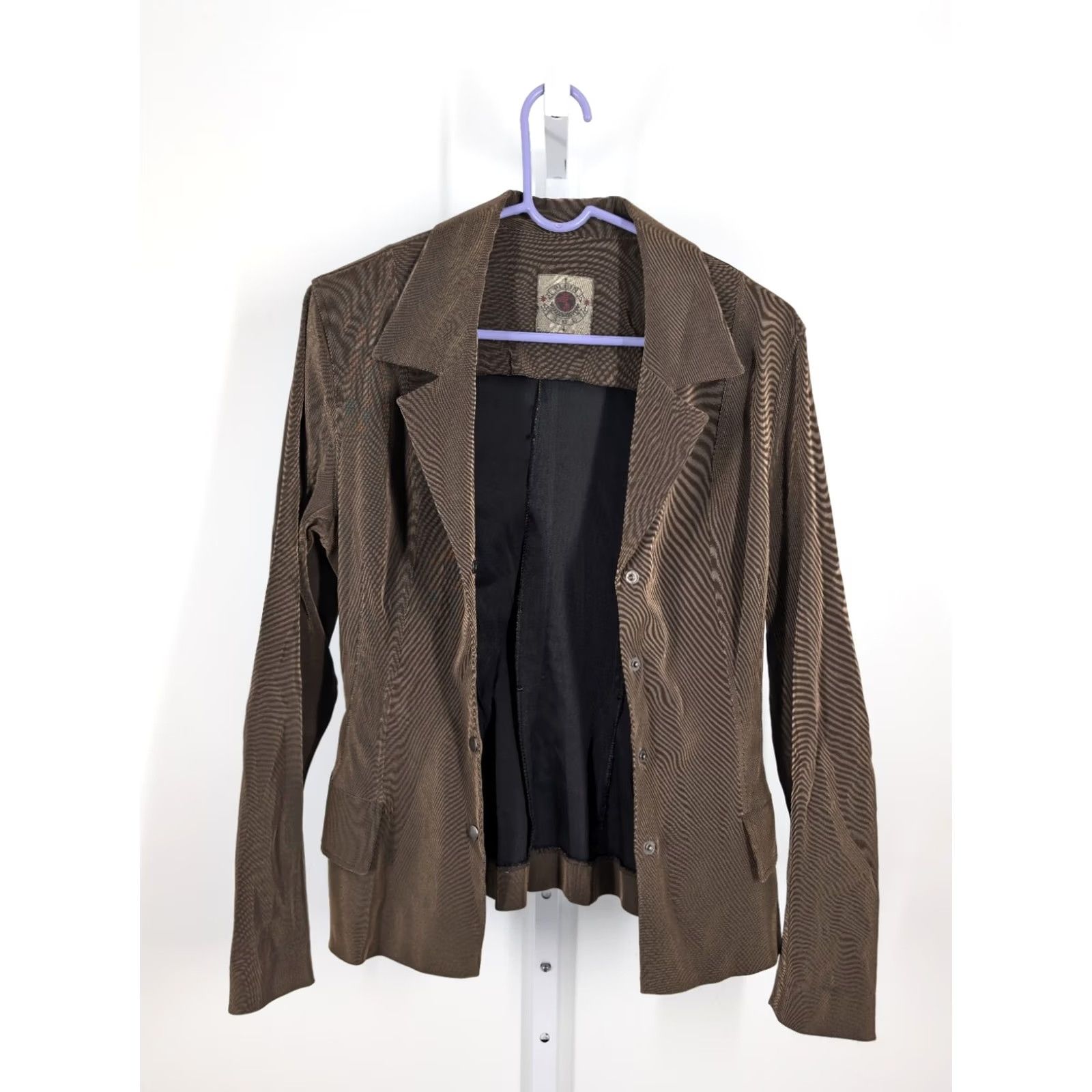 plein sud VINTAGE Plein Sud Blazer Womens 90s Brown Lycra Metallic 10 Stretch Snap Jacket Size L / US 10 / IT 46 - 3 Thumbnail