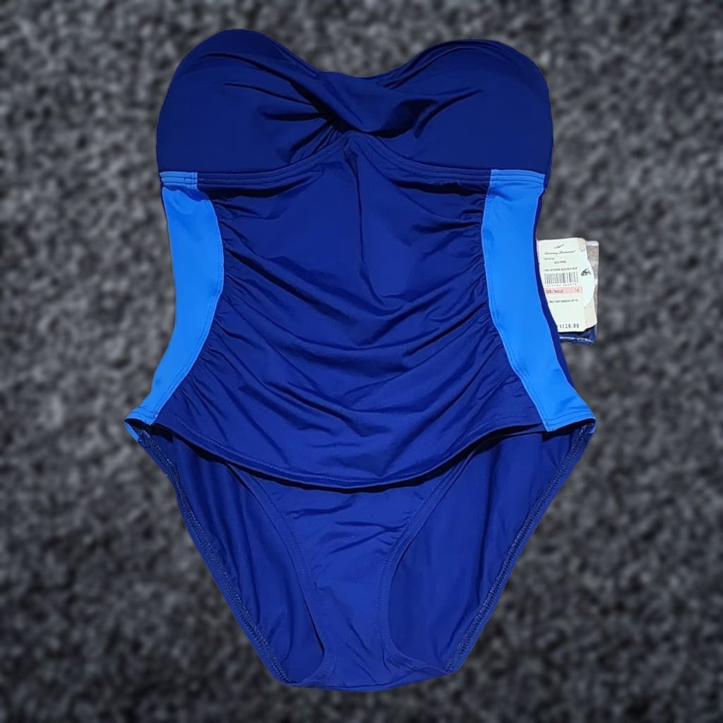 VINTAGE Tommy Bahama Women's Swimwear One Piece Sz 10 Blue Solid Bandeau Spaghetti Strap Tummy Control Swimsuit