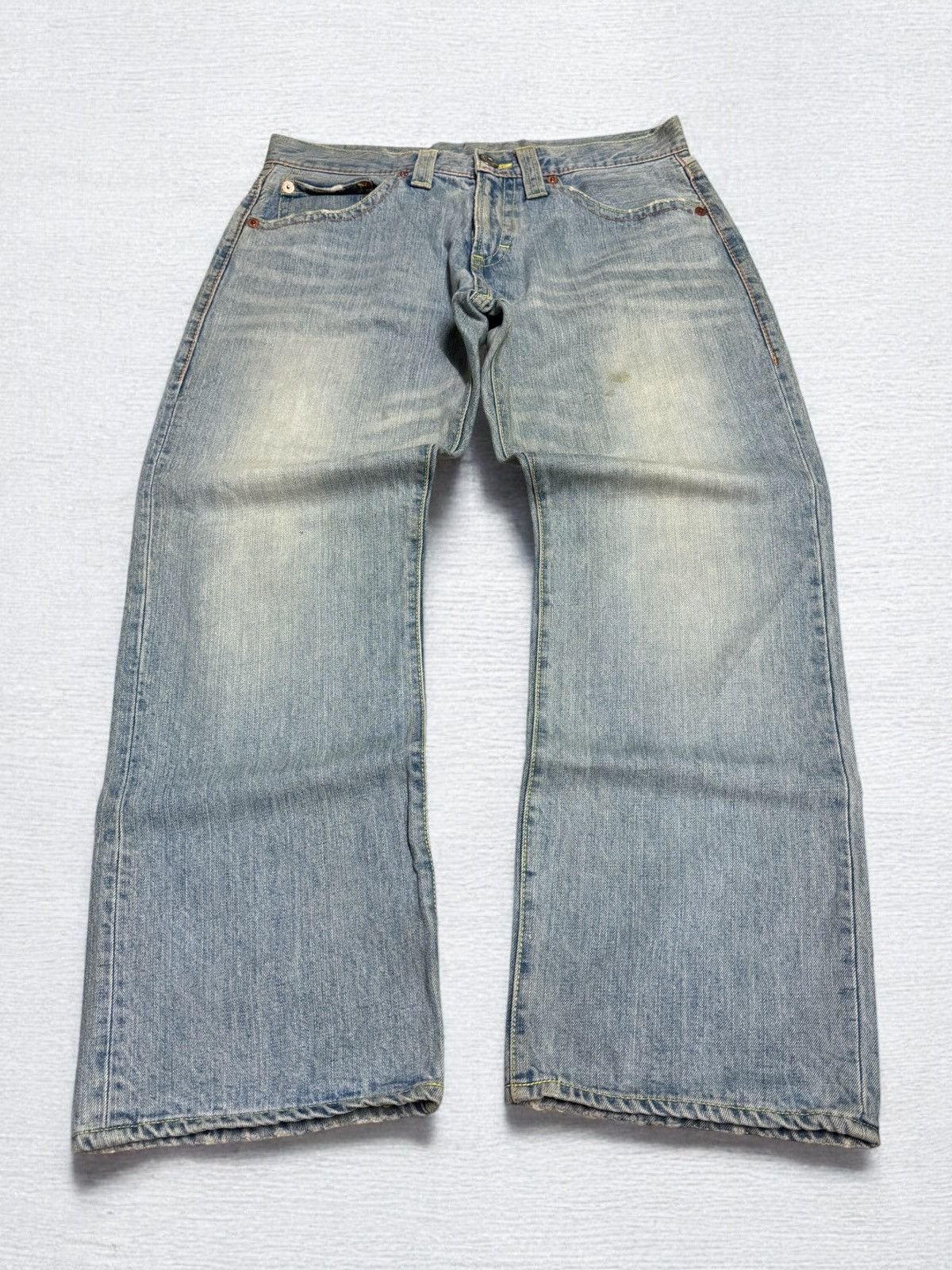 Japanese Brand COCOLULU Printed Washed Blue Yellow Stitching Daicock Denim Size US 34 / EU 50 - 2 Thumbnail