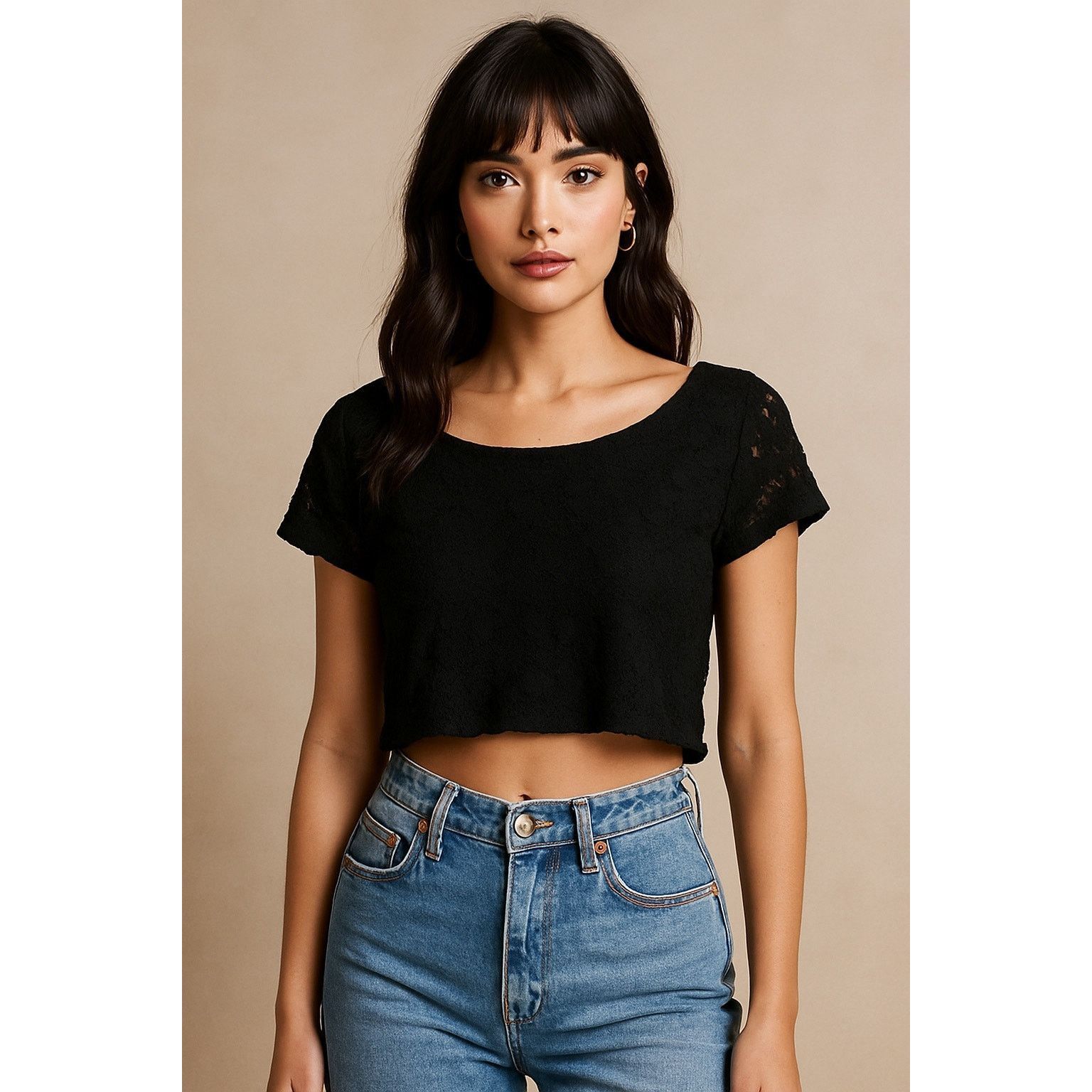 Express Express Black Lace Sheer Crop Top Short Sleeve Women’s Small Size S / US 4 / IT 40 - 1 Thumbnail