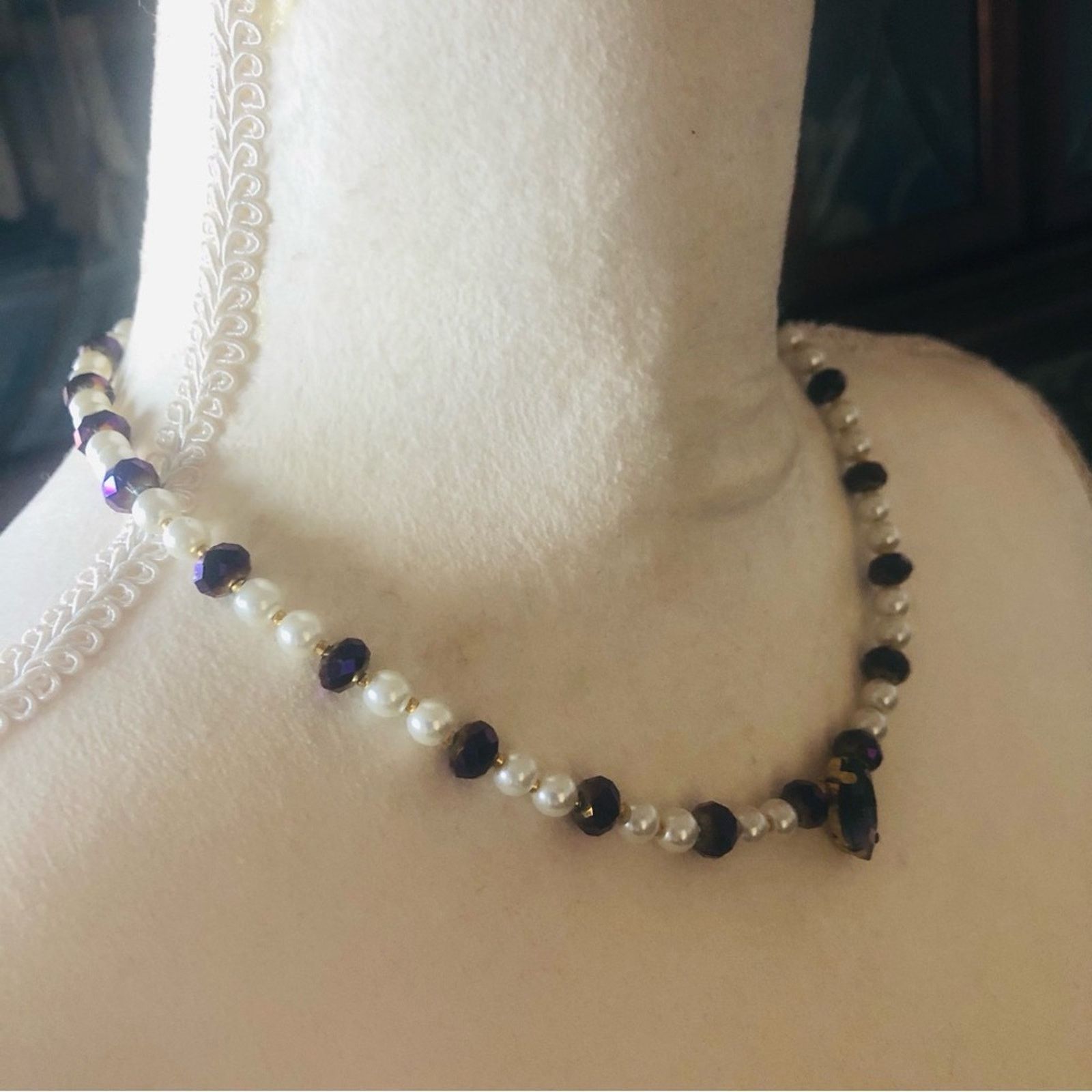 Handmade Handcrafted repurpose marquis purple stone Pearl necklace Size ONE SIZE - 3 Thumbnail