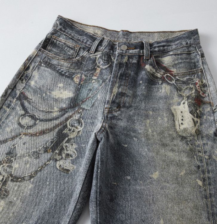 Japanese Brand Men's Baggy Loose Straight Leg Digital Print Jeans Size US 32 / EU 48 - 2 Thumbnail