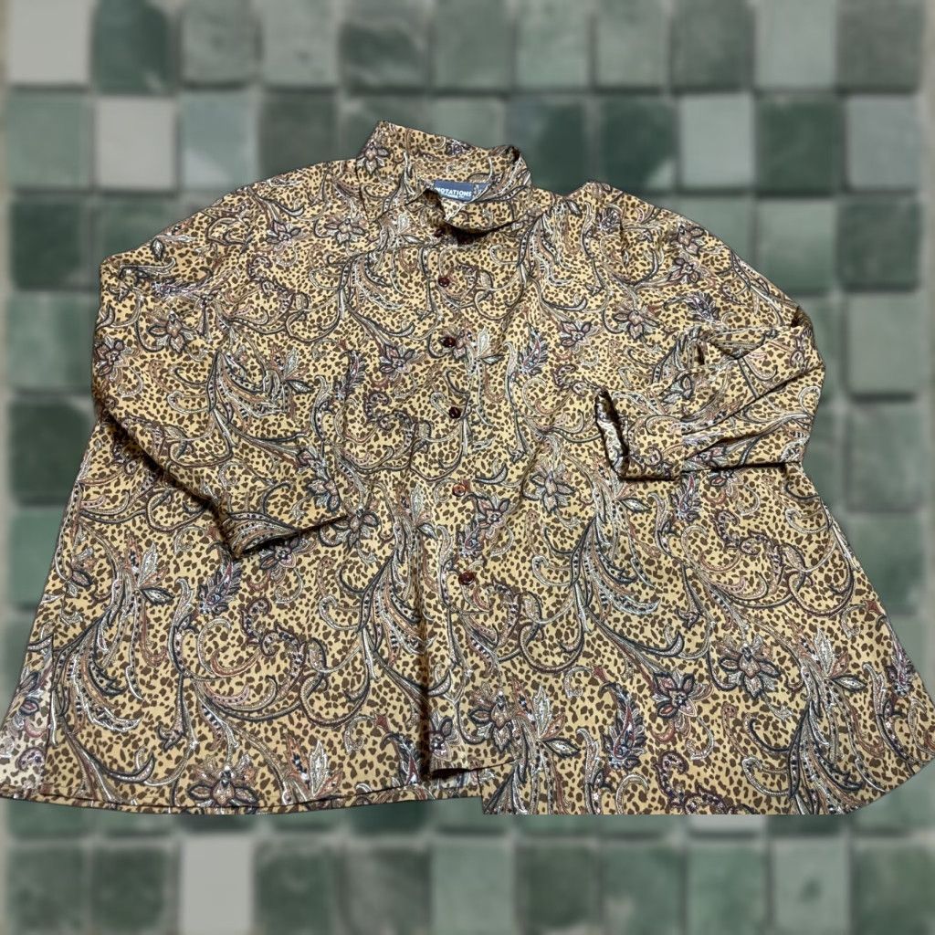 Vintage Notations Button Up Top Womens 24W Brown Long Sleeve Shirt Casual Button-Up Size 4XL / US 24-26 - 1 Thumbnail
