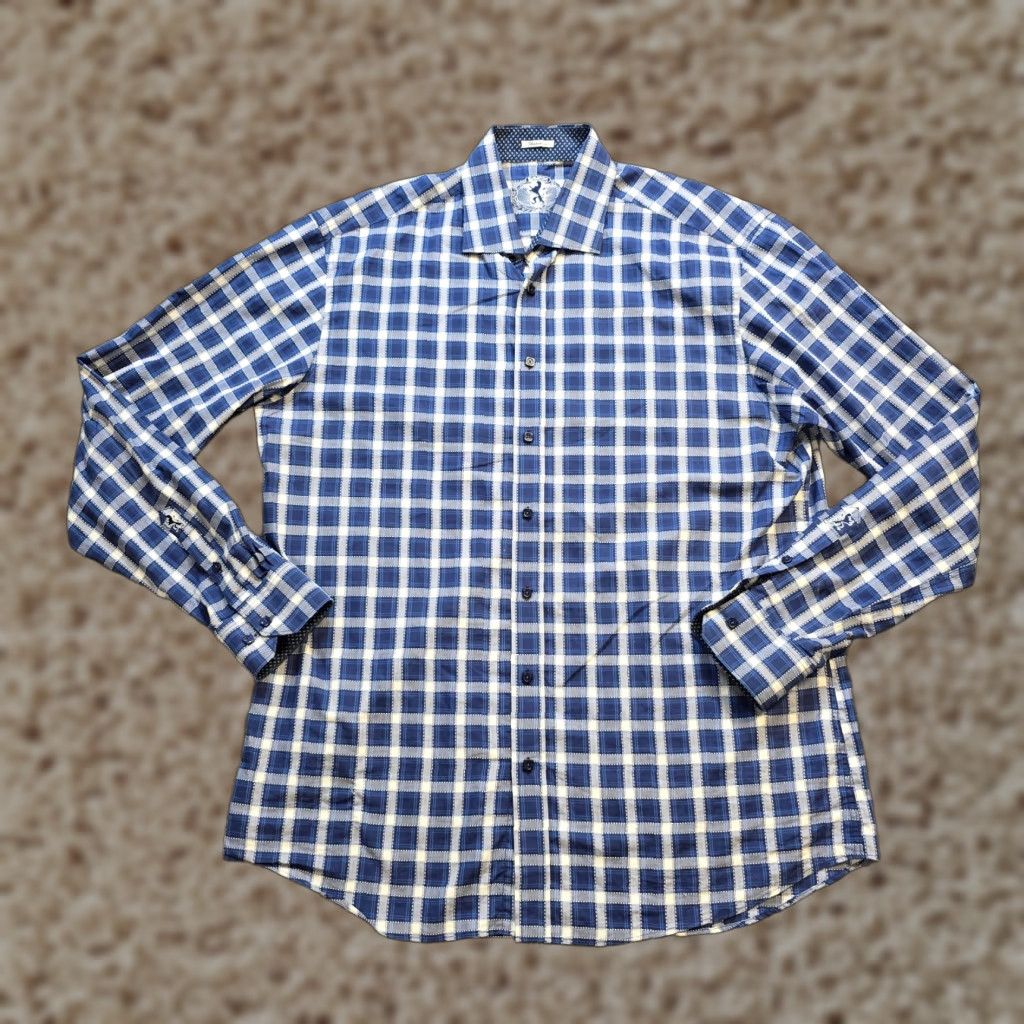BUGATCHI Bugatchi Uomo Shirt Mens 2XL Tall Blue Plaid Button Long Sleeve Casual Business Shirt Size US XXL / EU 58 / 5 - 1 Thumbnail