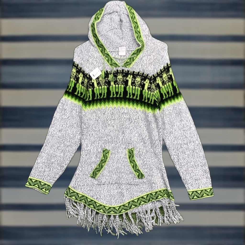 Vintage VINTAGE Alpaca Wool Sweater Womens Small Hooded Pullover Green Gey Sweatshirt Aztec AOP Size S / US 4 / IT 40 - 1 Thumbnail