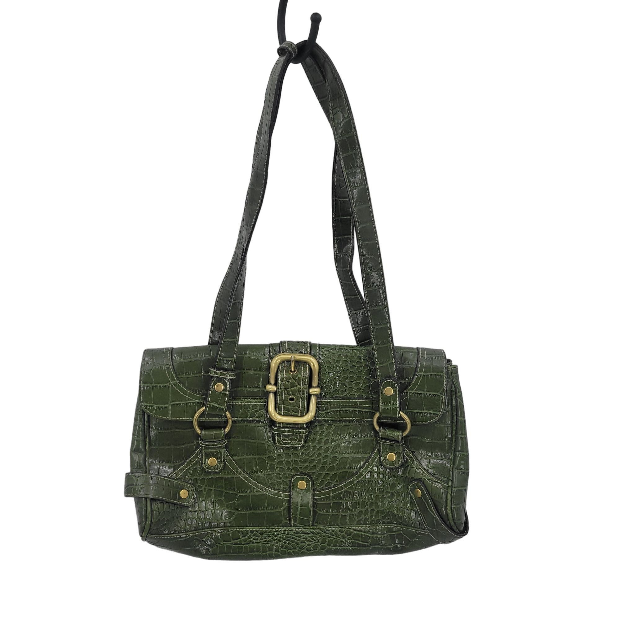 Vintage Vintage Green Vegan Faux Croc Shoulder Bag Satchel Gold Buck Size ONE SIZE - 13 Thumbnail