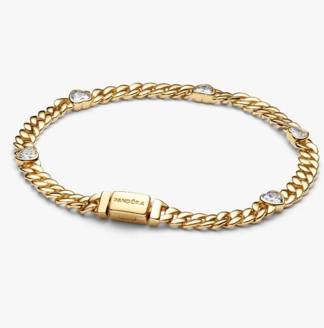 pandora PANDORA 14K GOLD-PLATED CZ HEART CUBAN CHAIN BRACELET Size ONE SIZE - 1 Thumbnail