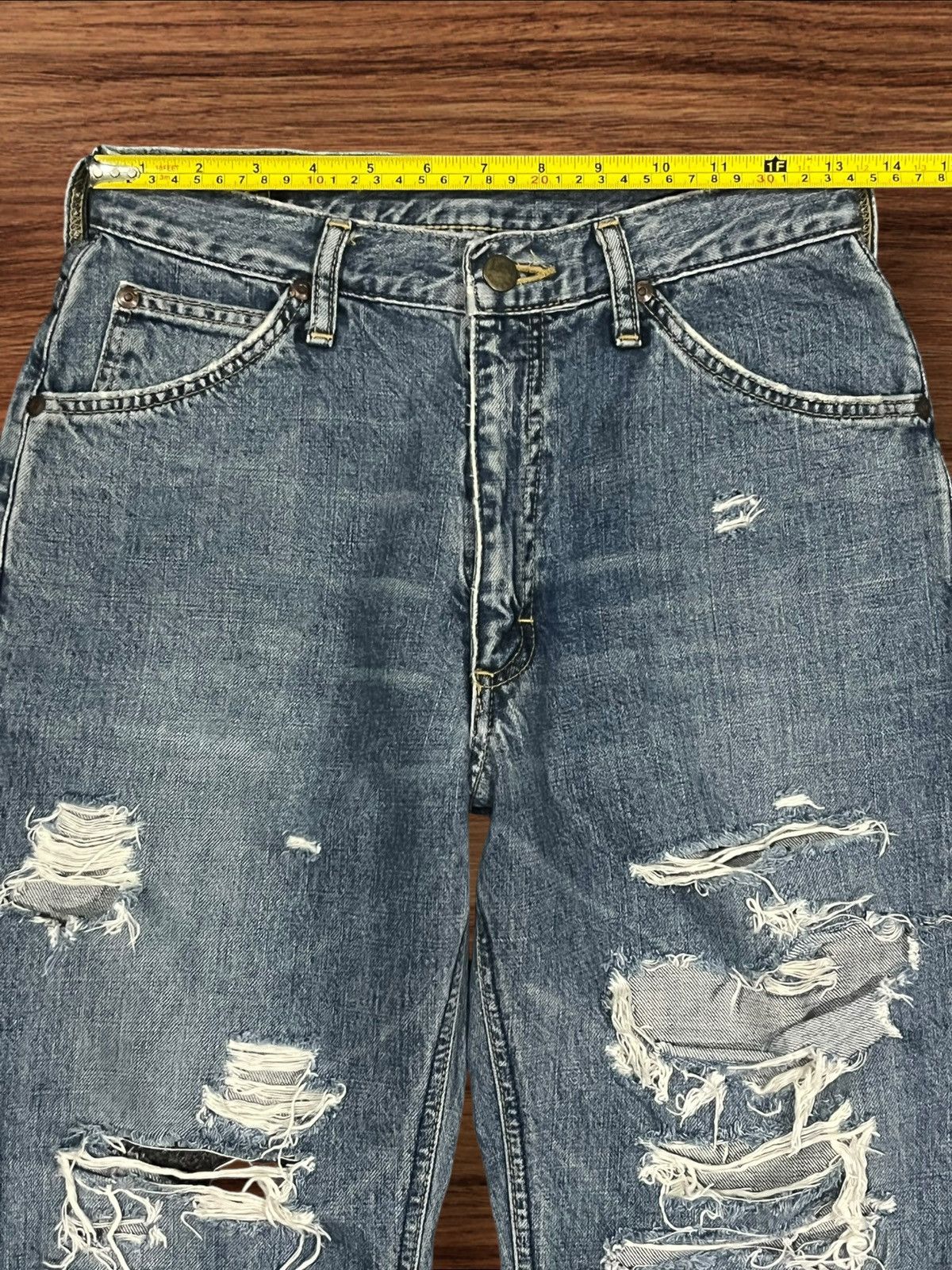 Lee × Vintage Vintage Miss Lee Trashed Punk Style Blue Washed Flare Jeans Size 31" - 14 Thumbnail