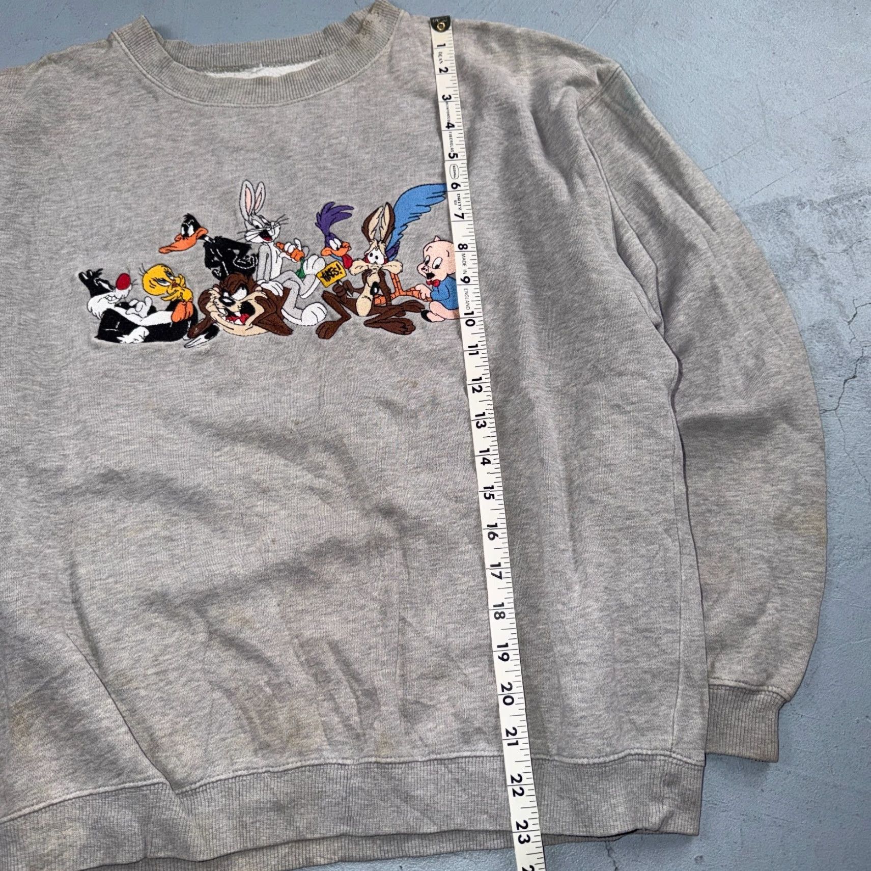 VINTAGE 1990s Acme Looney Tunes Central Logo Sweatshirt Gray M Mens Regular Pullover Crewneck Logo Stained