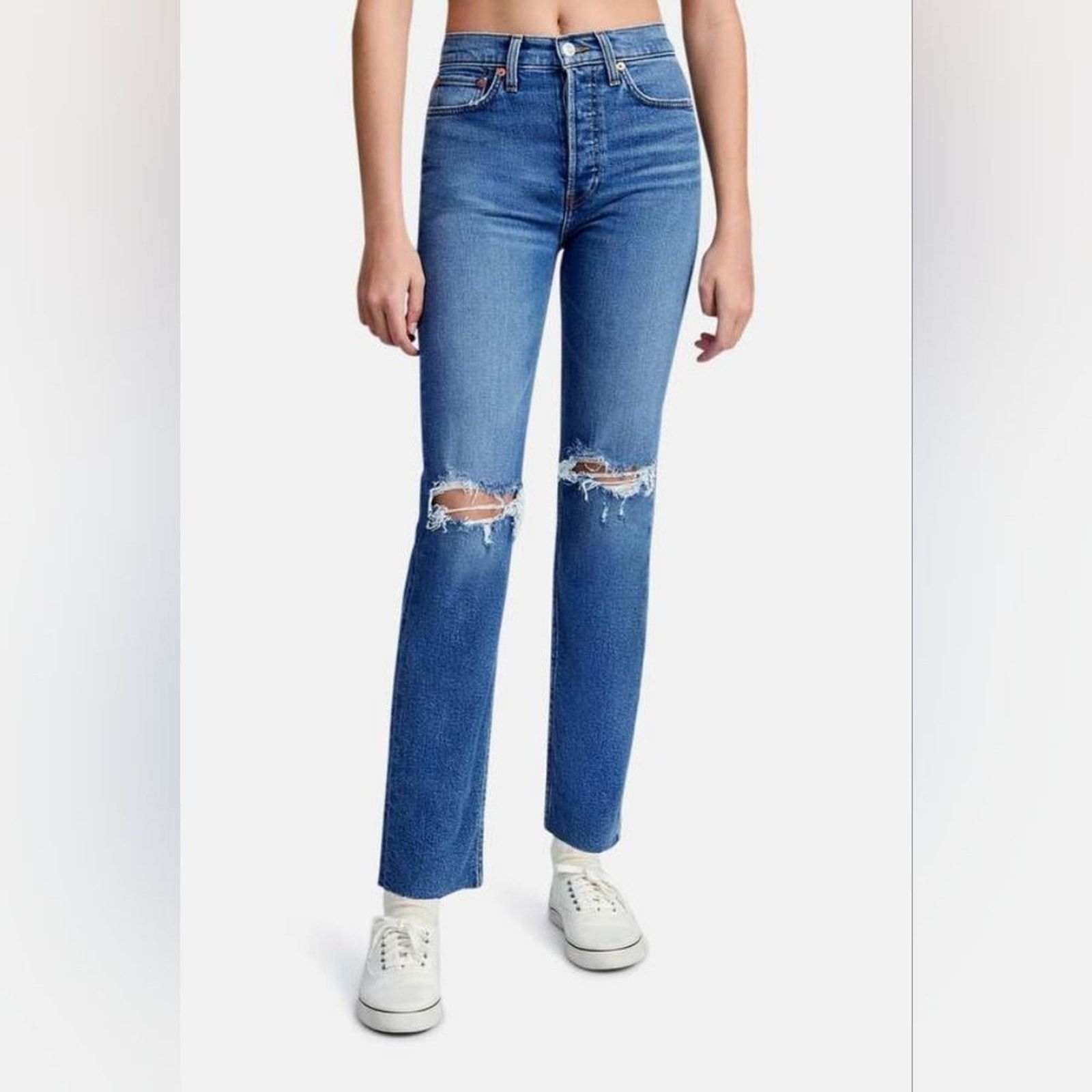 RE/DONE Re/Done 70s High Rise Stove Pipe Distressed Jeans Size 25 Size 25" / US 0 / IT 36 - 1 Thumbnail
