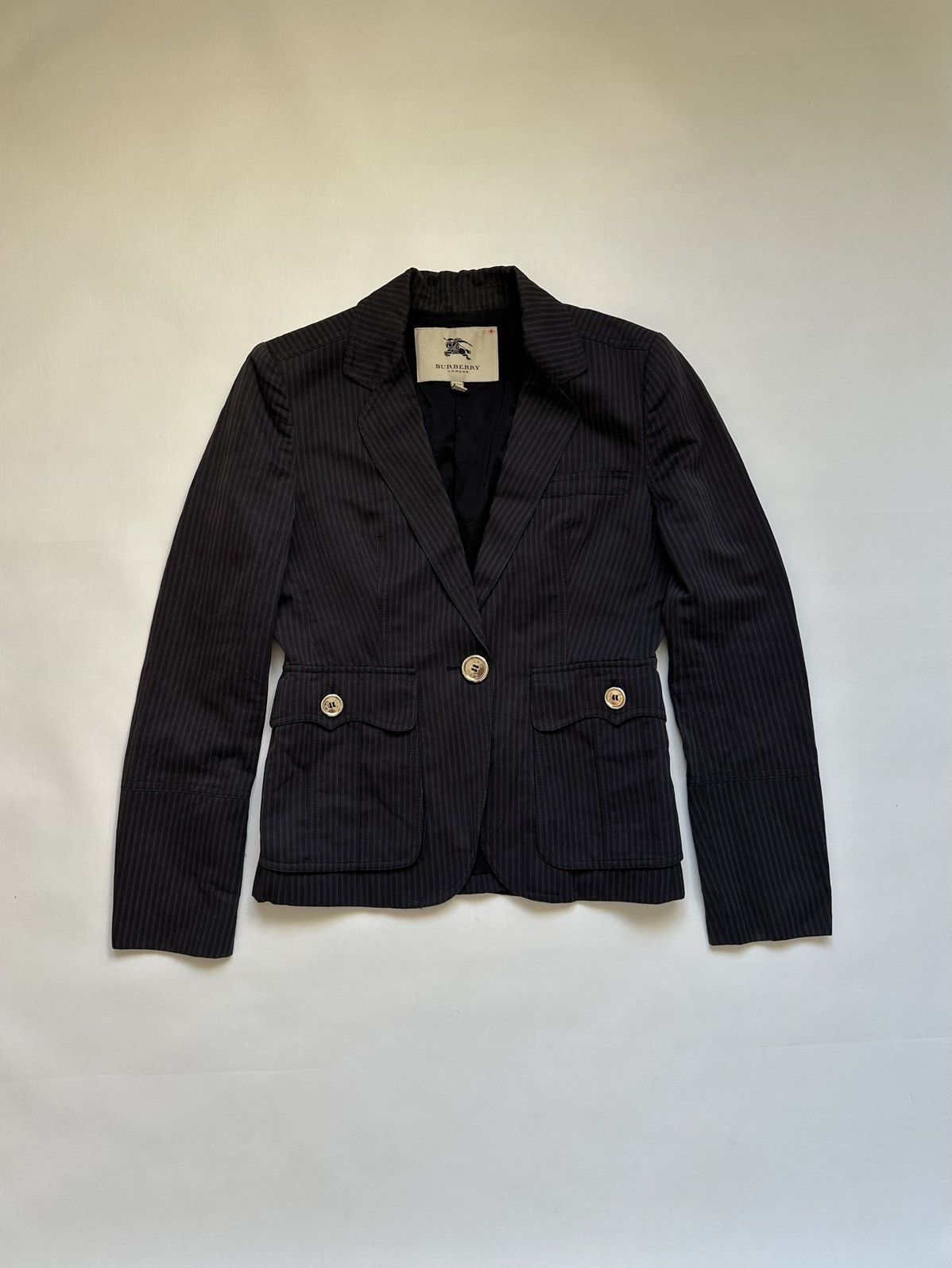 Burberry-Vintage Navy Gray Blazer Jacket-Shiny Silver