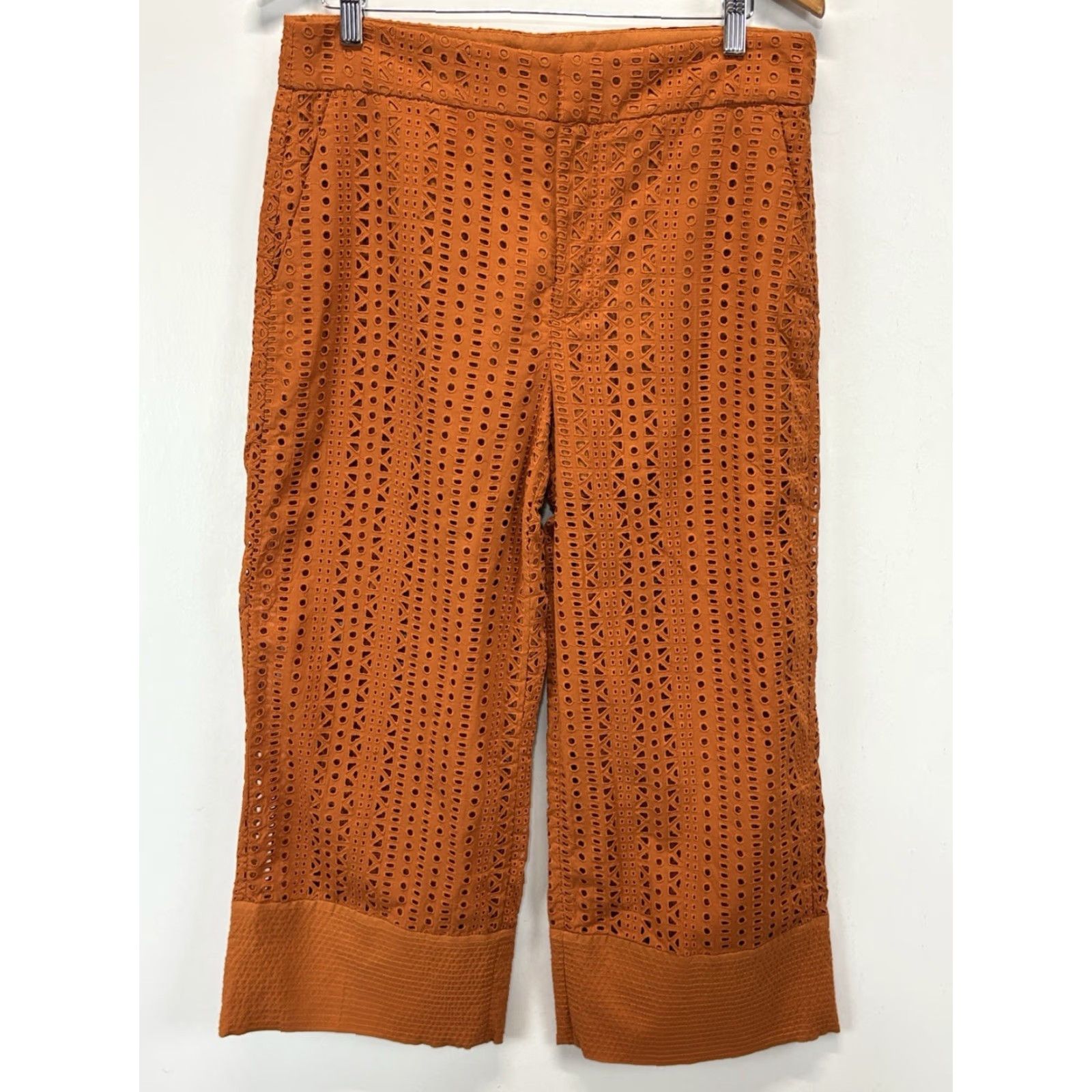 Zara ZARA Pants Women's Large Burnt Orange Embroidered Cutwork Eyelet Wide-Leg Ankle Size 36" / US 14 / IT 50 - 2 Thumbnail