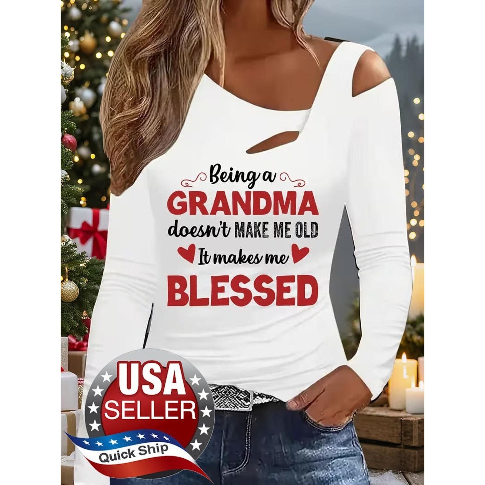 Other Off-the-Shoulder T-Shirt •"Being A Grandma Makes Me Blessed" Size M / US 6-8 / IT 42-44 - 1 Thumbnail
