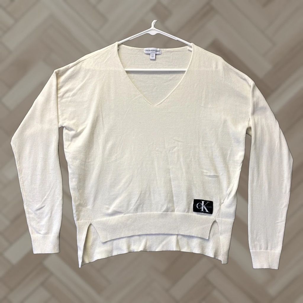 Calvin Klein Calvin Klein Women's Sweater S Cream Long Sleeve V-Neck Pullover Casual All Seasons Fall Winter Spring Summer Size S / US 4 / IT 40 - 1 Thumbnail